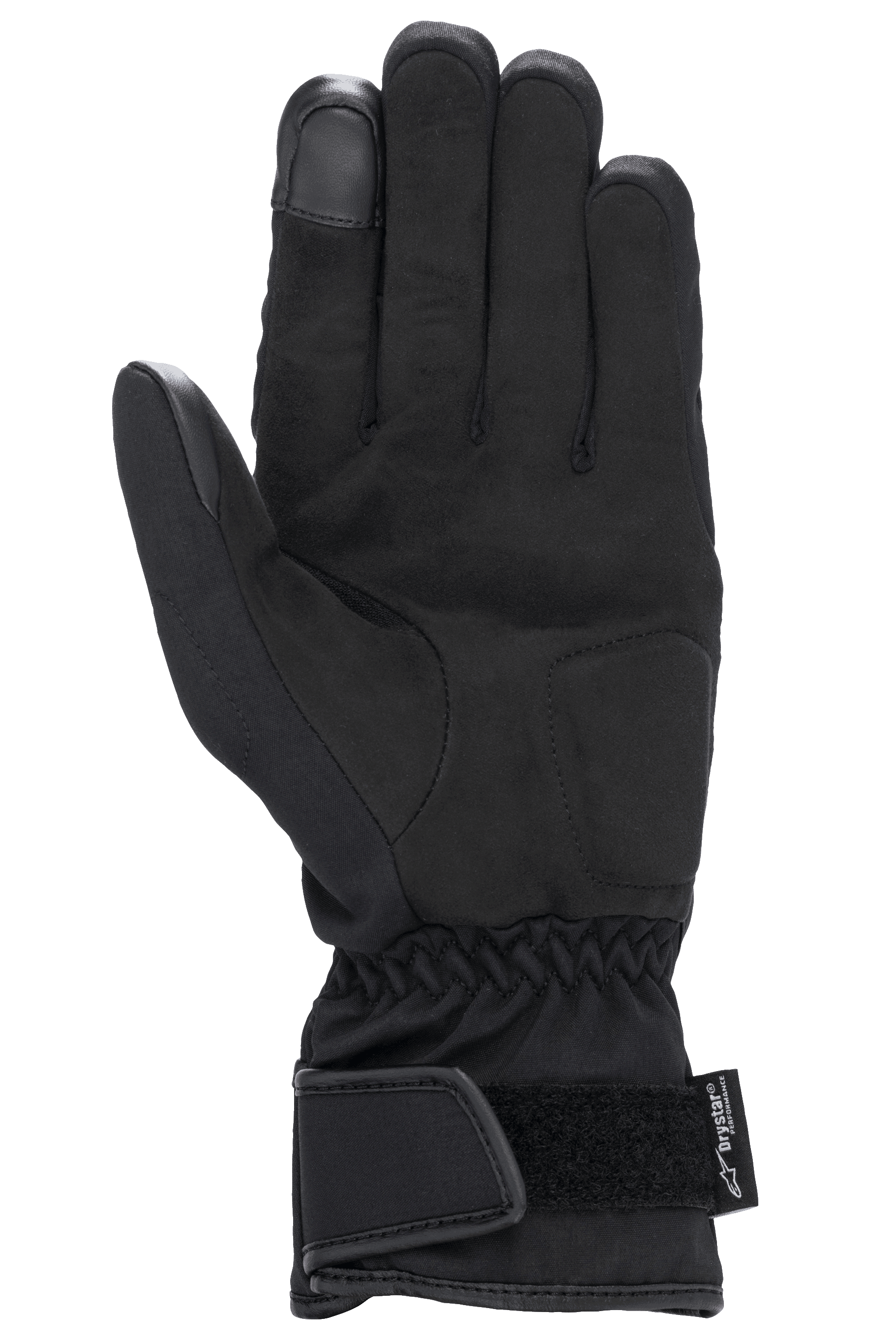 Guantes Alpinestars Stella SR-3 V2 Drystar® para mujer, negros, vista de la palma que muestra refuerzos de cuero sintético, punta del dedo índice compatible con pantallas táctiles, muñeca elástica y puño de guantelete con correa de Velcro ajustable y logotipo de Drystar.