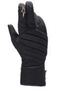 Guantes Alpinestars Stella SR-3 V2 Drystar, guantes de moto para mujer, negros, vista del dorso con costuras acolchadas en diagonal, logotipo de estrella blanca en el dedo índice y puño largo estilo guantelete para protección en todo tipo de clima.