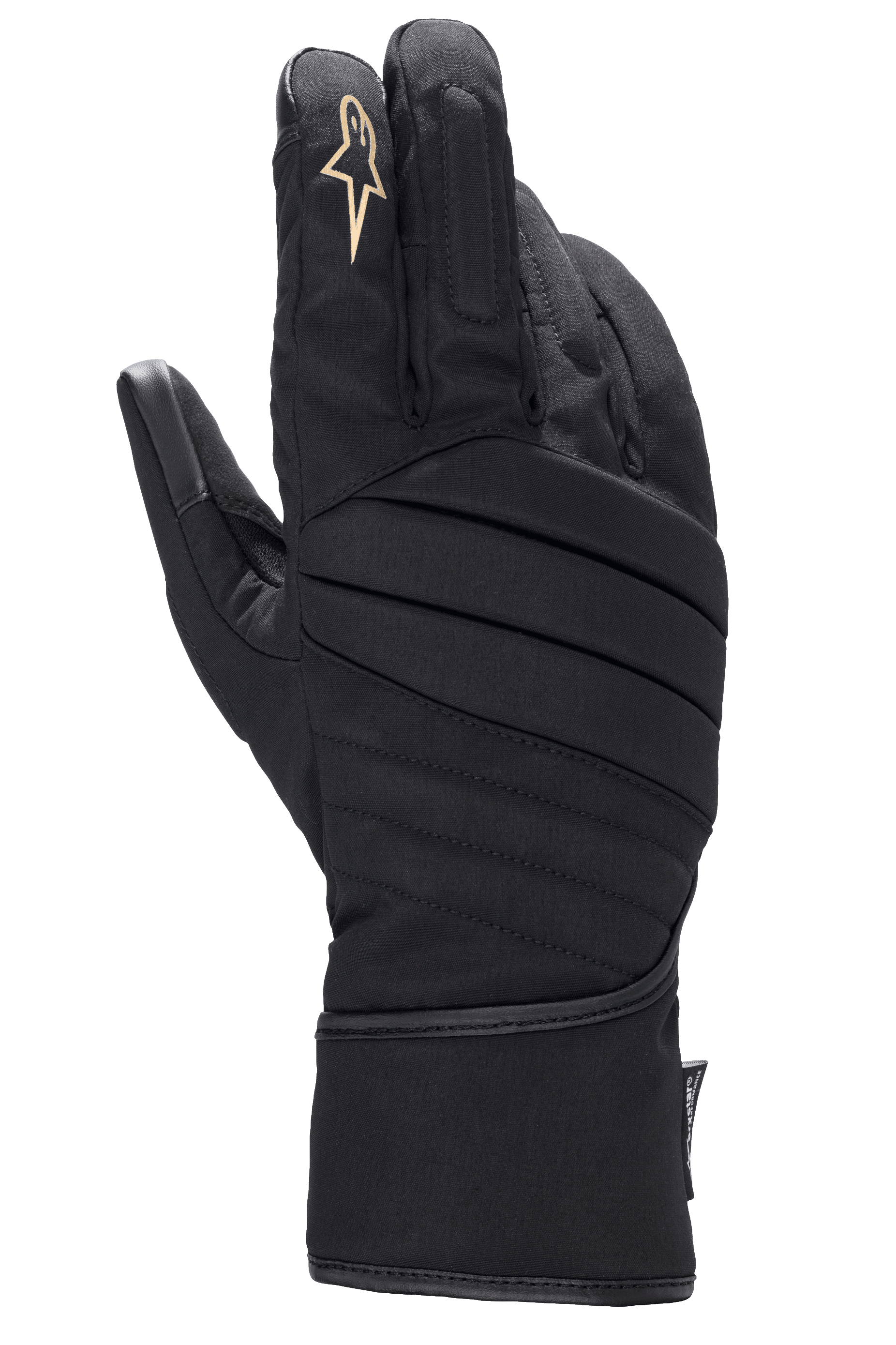 Guantes Alpinestars Stella SR-3 V2 Drystar, guantes de moto para mujer, negros, vista del dorso con costuras acolchadas en diagonal, logotipo de estrella blanca en el dedo índice y puño largo estilo guantelete para protección en todo tipo de clima.