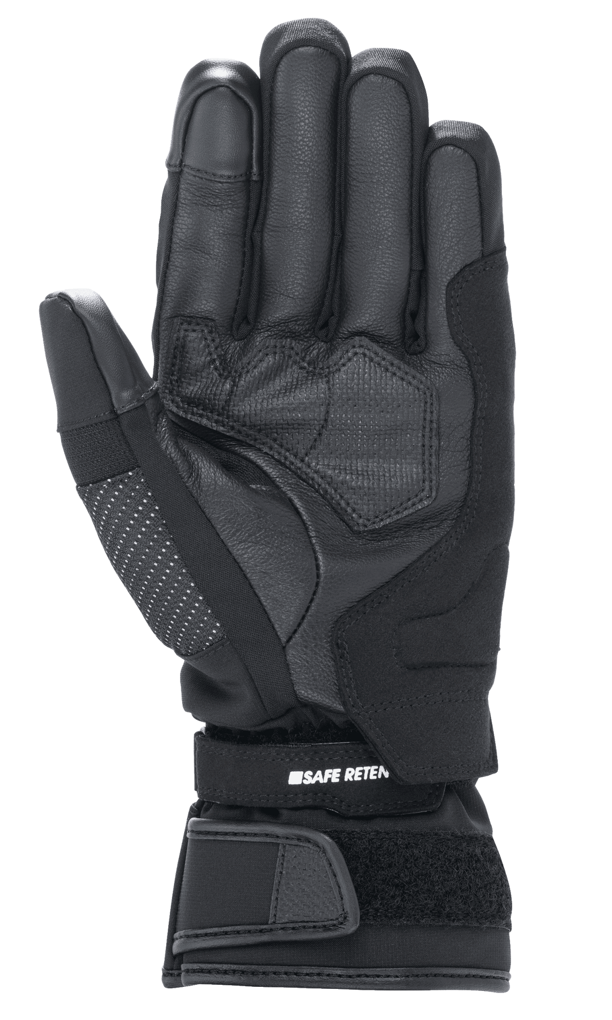 Alpinestars Stella Andes V3 Drystar® para mujer, guantes de moto en color negro antracita, vista de la palma que muestra la construcción en cuero de cabra, acolchado reforzado y correa de muñeca ajustable con velcro y marca Safe Retention