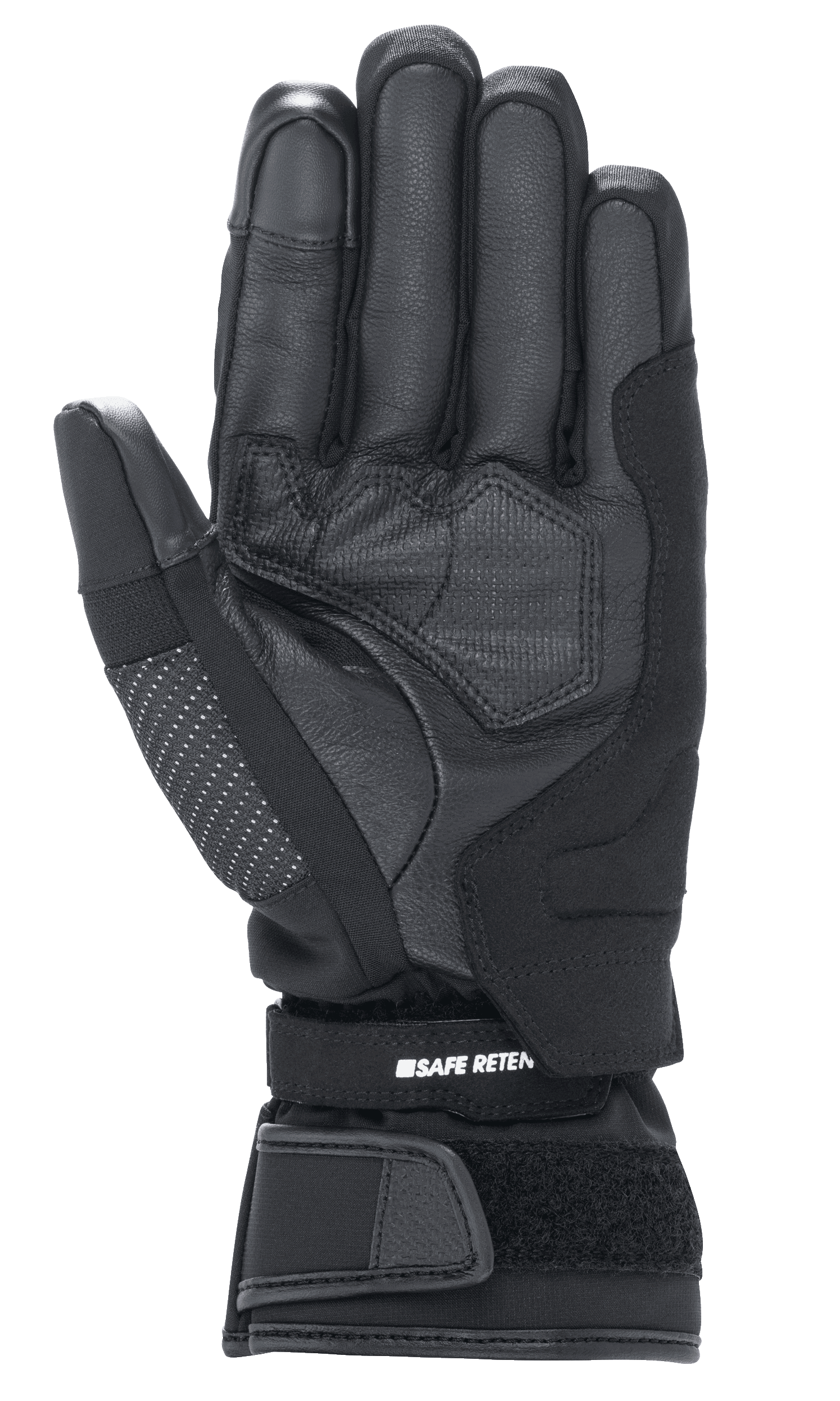 Alpinestars Stella Andes V3 Drystar® para mujer, guantes de moto en color negro antracita, vista de la palma que muestra la construcción en cuero de cabra, acolchado reforzado y correa de muñeca ajustable con velcro y marca Safe Retention