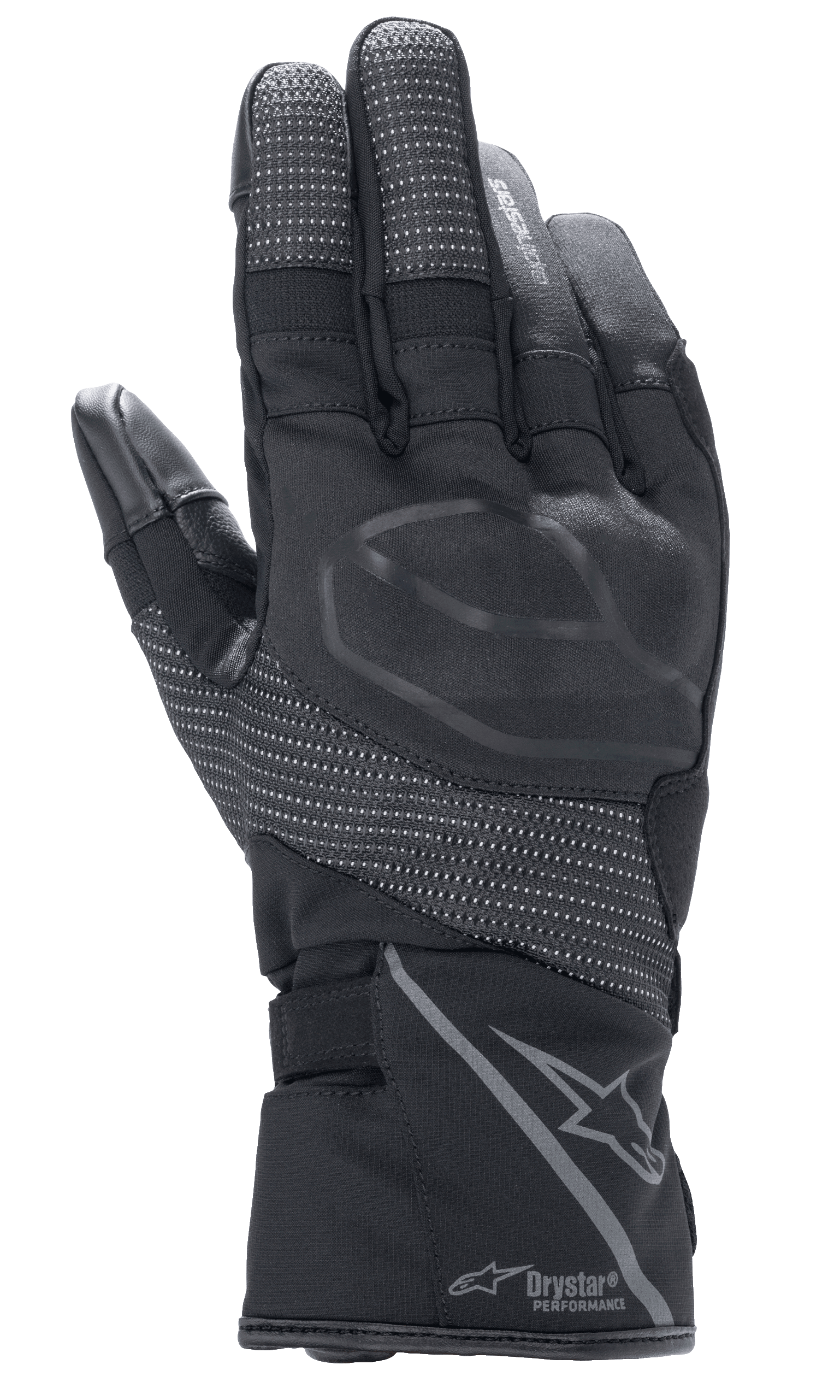 Guantes Alpinestars Stella Andes V3 Drystar para mujer, color Negro Antracita, vista del dorso con protección de nudillos integrada, paneles ripstop reflectantes, logotipo de Alpinestars y marca Drystar Performance en el puño, equipamiento de motociclismo adventure touring
