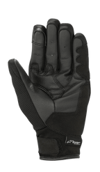 Alpinestars Stella S-Max Women's Drystar Gloves, Black, palm view showing leather grip reinforcements, stretch mesh fabric, hook and loop strap, and Drystar branding, waterproof sport motorcycle gear