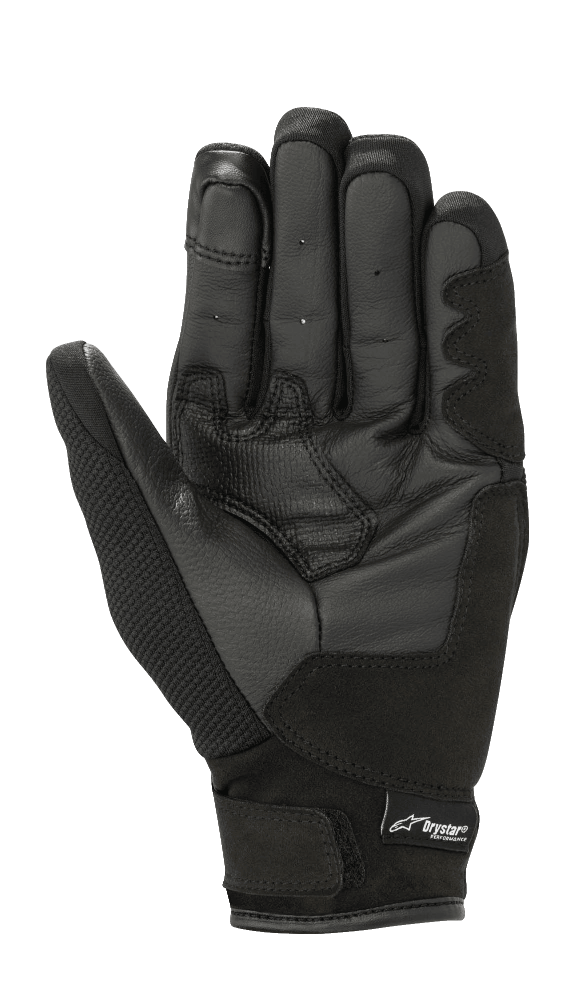 Guantes Alpinestars Stella S-Max Drystar para mujer, color Negro Antracita, vista de la palma que muestra la construcción de cuero, zonas de agarre reforzadas y cierre de muñeca con velcro y marca Drystar