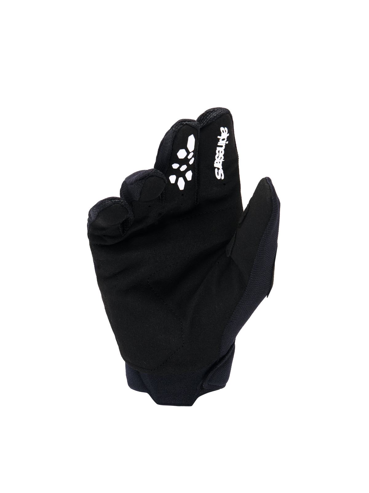 Guantes Alpinestars Full Bore V2 para Jóvenes y Niños, guantes de motocross, negros y blancos, vista de la palma que muestra el material de ante sintético, logotipo blanco de Alpinestars y agarre de silicona impreso en el dedo índice, equipo duradero para carreras todoterreno