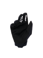 Guantes Alpinestars Full Bore V2 para Jóvenes y Niños, guantes de motocross, negros y blancos, vista de la palma que muestra el material de ante sintético, logotipo blanco de Alpinestars y agarre de silicona impreso en el dedo índice, equipo duradero para carreras todoterreno