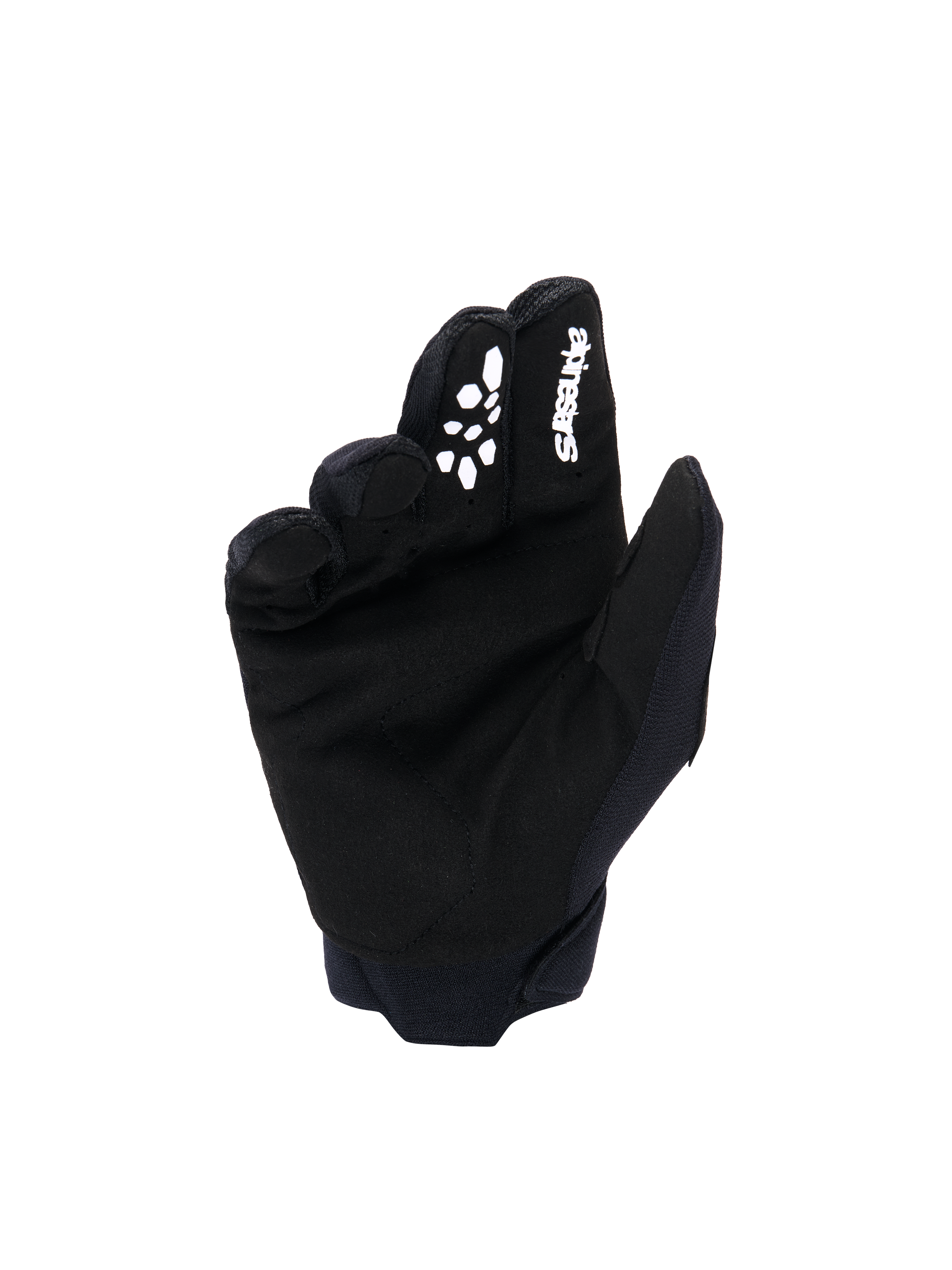 Guantes Alpinestars Full Bore V2 para Jóvenes y Niños, guantes de motocross, negros y blancos, vista de la palma que muestra el material de ante sintético, logotipo blanco de Alpinestars y agarre de silicona impreso en el dedo índice, equipo duradero para carreras todoterreno