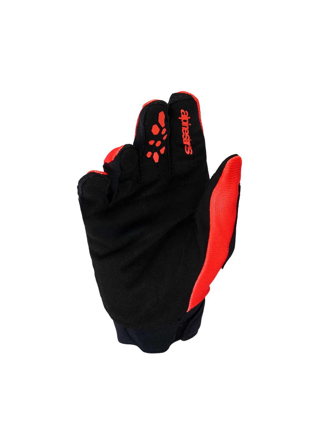 Alpinestars Youth & Kids Full Bore V2 Gloves, guantes de motocross, rojo brillante y negro, vista de la palma que muestra ante sintético negro reforzado y patrones de agarre de silicona roja en los dedos, equipo todoterreno duradero para jóvenes pilotos.