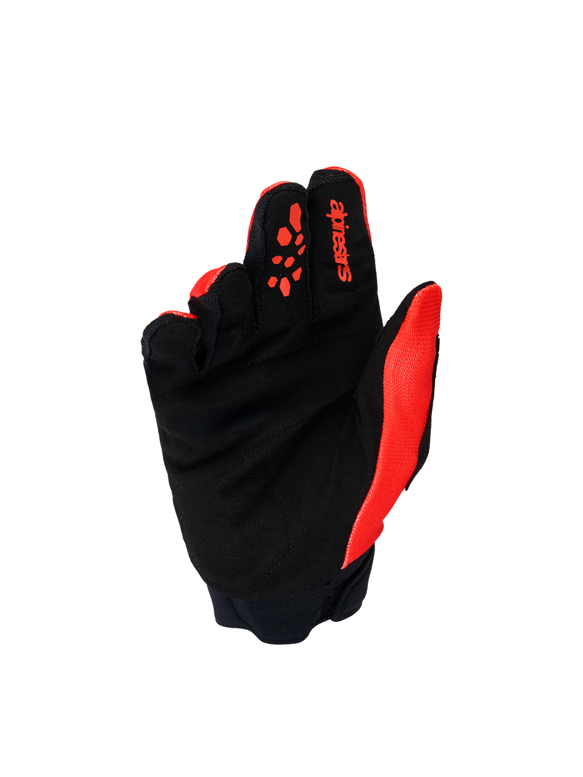 Alpinestars Youth & Kids Full Bore V2 Gloves, guantes de motocross, rojo brillante y negro, vista de la palma que muestra ante sintético negro reforzado y patrones de agarre de silicona roja en los dedos, equipo todoterreno duradero para jóvenes pilotos.