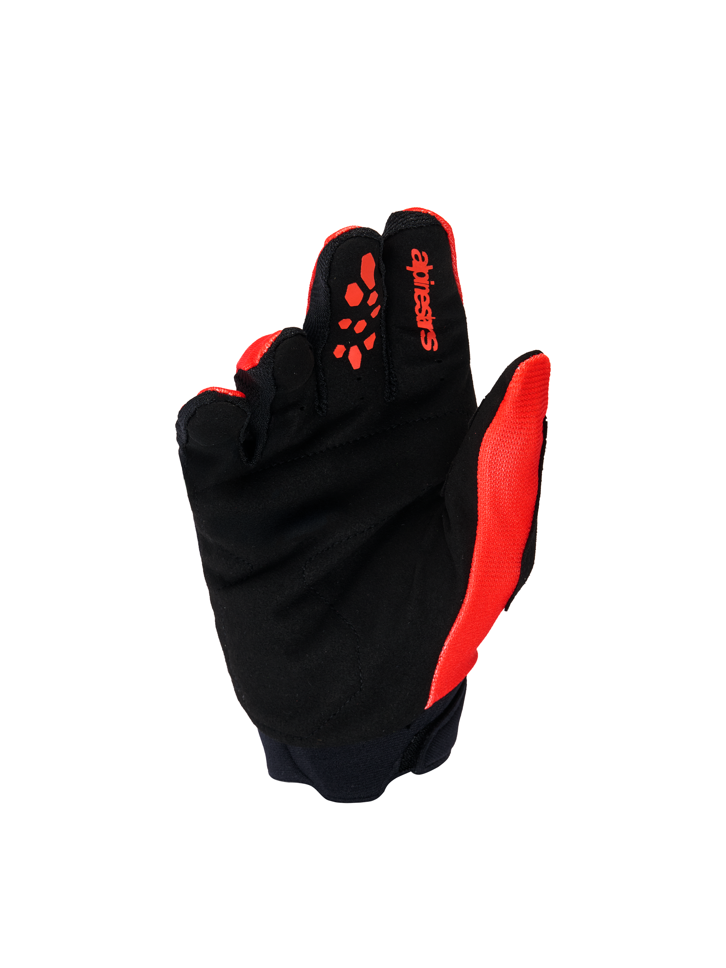 Alpinestars Youth & Kids Full Bore V2 Gloves, guantes de motocross, rojo brillante y negro, vista de la palma que muestra ante sintético negro reforzado y patrones de agarre de silicona roja en los dedos, equipo todoterreno duradero para jóvenes pilotos.