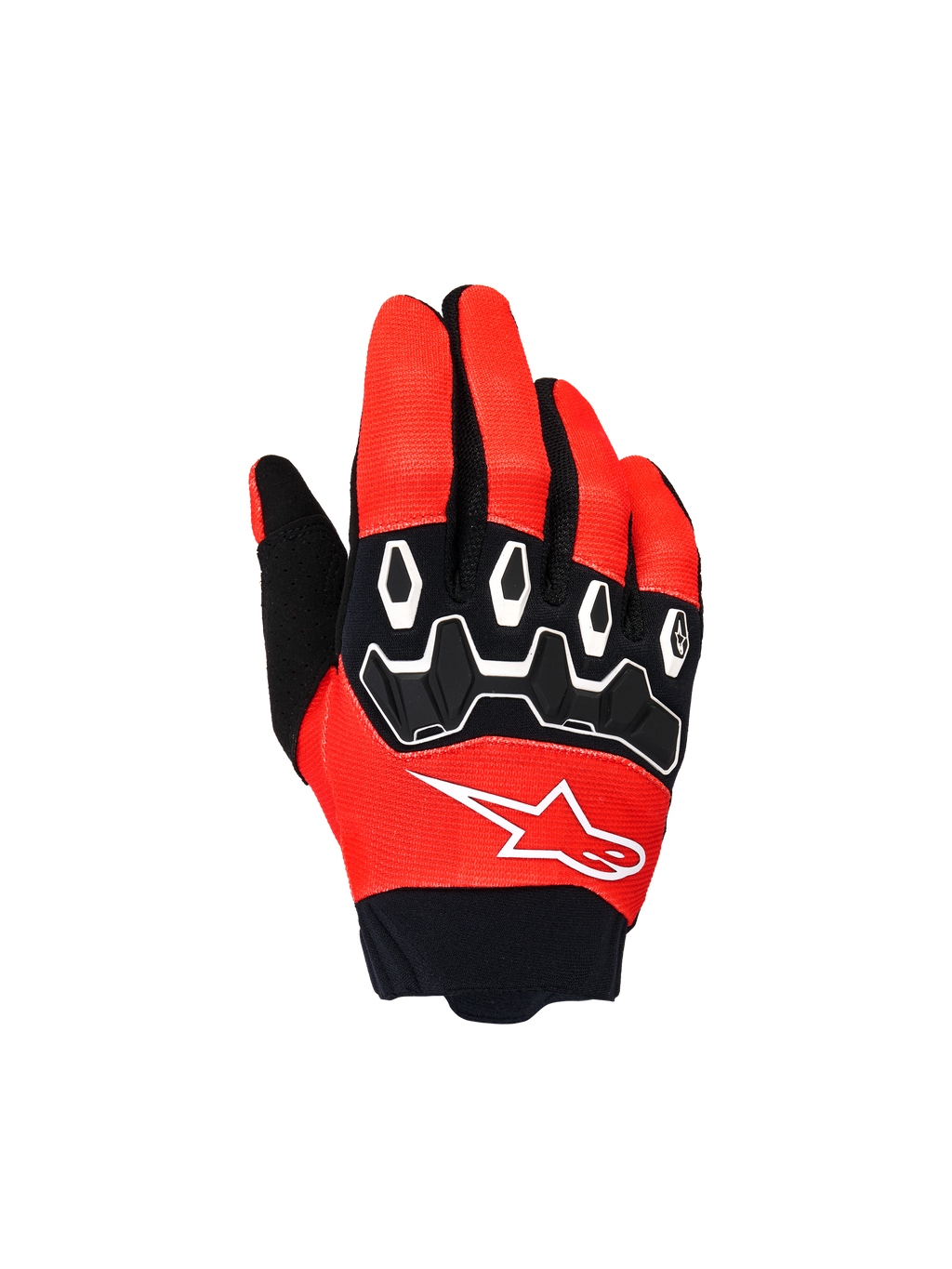 Alpinestars Youth & Kids Full Bore V2 Gloves, guantes de motocross para niños, rojo brillante y negro, vista superior con protectores de nudillos de TPR negros con detalles blancos y logo Astar blanco, diseño textil duradero para conducción todoterreno