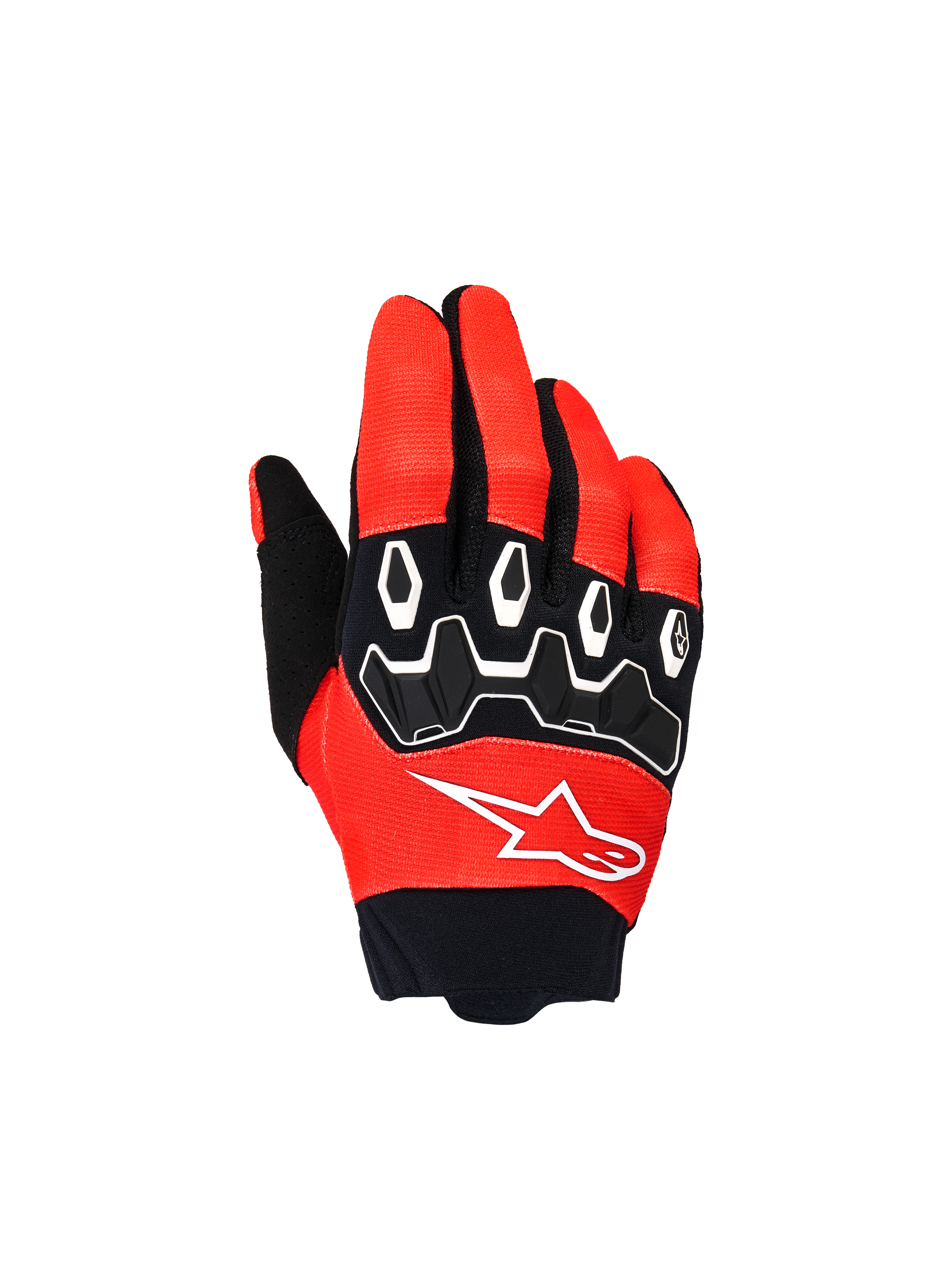 Alpinestars Youth & Kids Full Bore V2 Gloves, guantes de motocross para niños, rojo brillante y negro, vista superior con protectores de nudillos de TPR negros con detalles blancos y logo Astar blanco, diseño textil duradero para conducción todoterreno