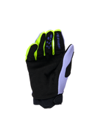 Alpinestars Youth & Kids Full Bore V2 Gloves, guantes de motocross, púrpura y amarillo flúor, vista de la palma con ante sintético reforzado negro, detalles en amarillo neón en los dedos y panel del pulgar en lavanda, construcción duradera para jóvenes pilotos de off-road