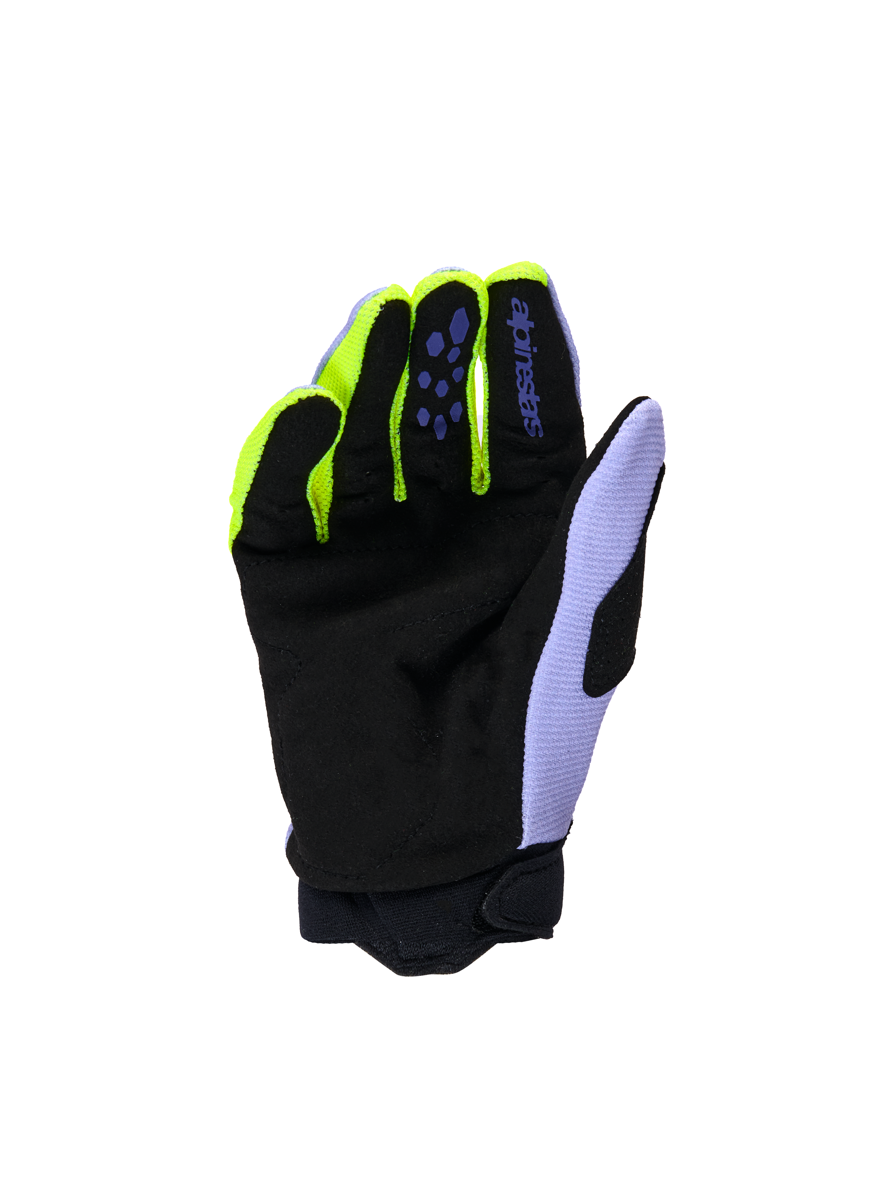 Alpinestars Youth & Kids Full Bore V2 Gloves, guantes de motocross, púrpura y amarillo flúor, vista de la palma con ante sintético reforzado negro, detalles en amarillo neón en los dedos y panel del pulgar en lavanda, construcción duradera para jóvenes pilotos de off-road