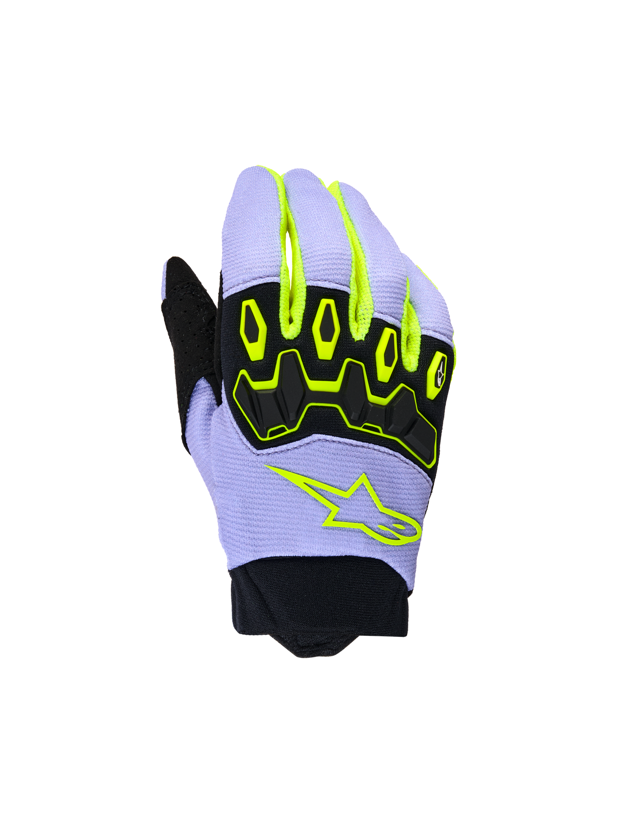 Alpinestars Youth & Kids Full Bore V2 Gloves, guantes de motocross para niños, púrpura y amarillo flúor, con protección de nudillos de TPR negra y logo de estrella Alpinestars en amarillo neón, construcción transpirable con puño de neopreno y diseño deportivo off-road