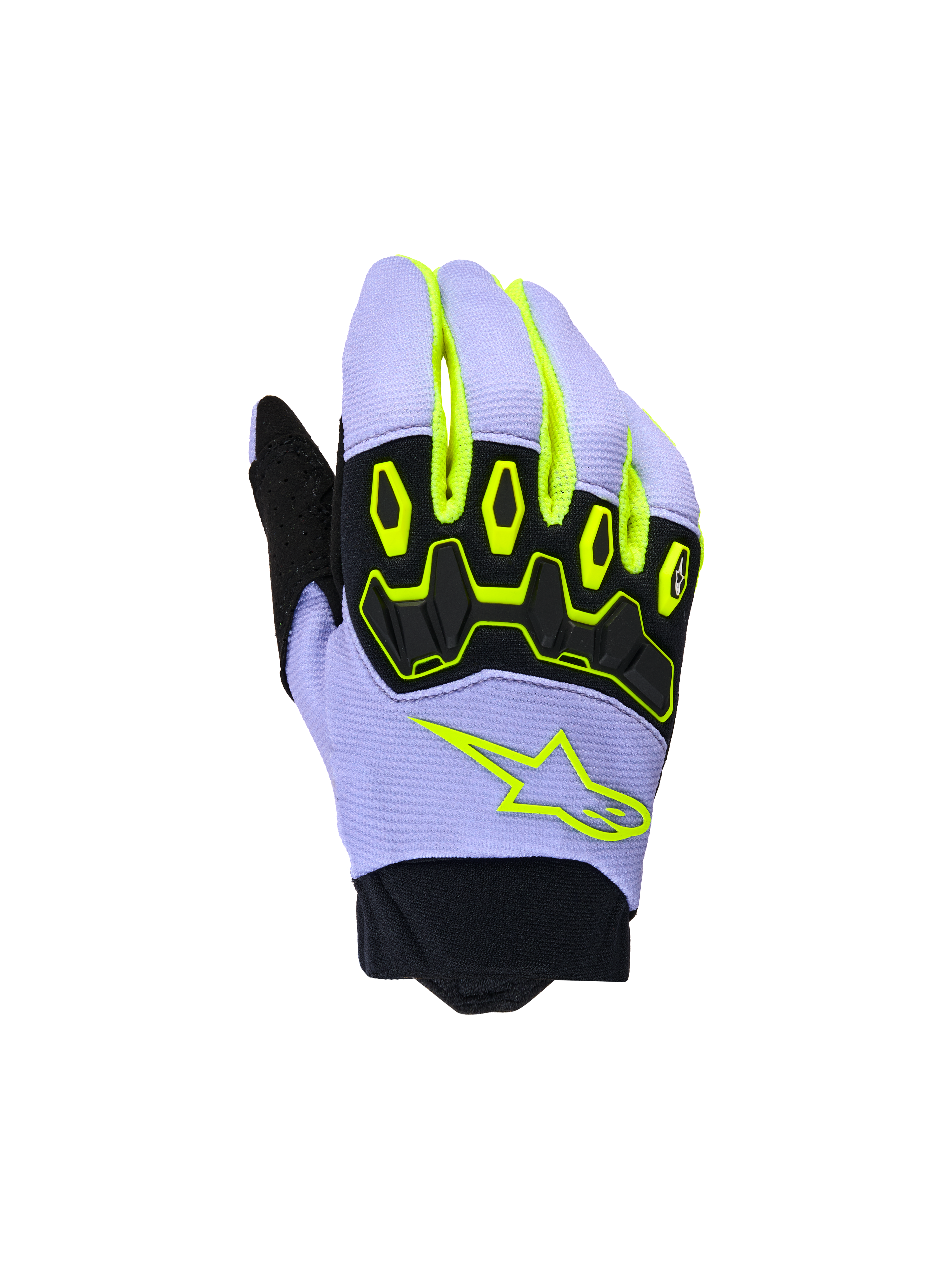 Alpinestars Youth & Kids Full Bore V2 Gloves, guantes de motocross para niños, púrpura y amarillo flúor, con protección de nudillos de TPR negra y logo de estrella Alpinestars en amarillo neón, construcción transpirable con puño de neopreno y diseño deportivo off-road