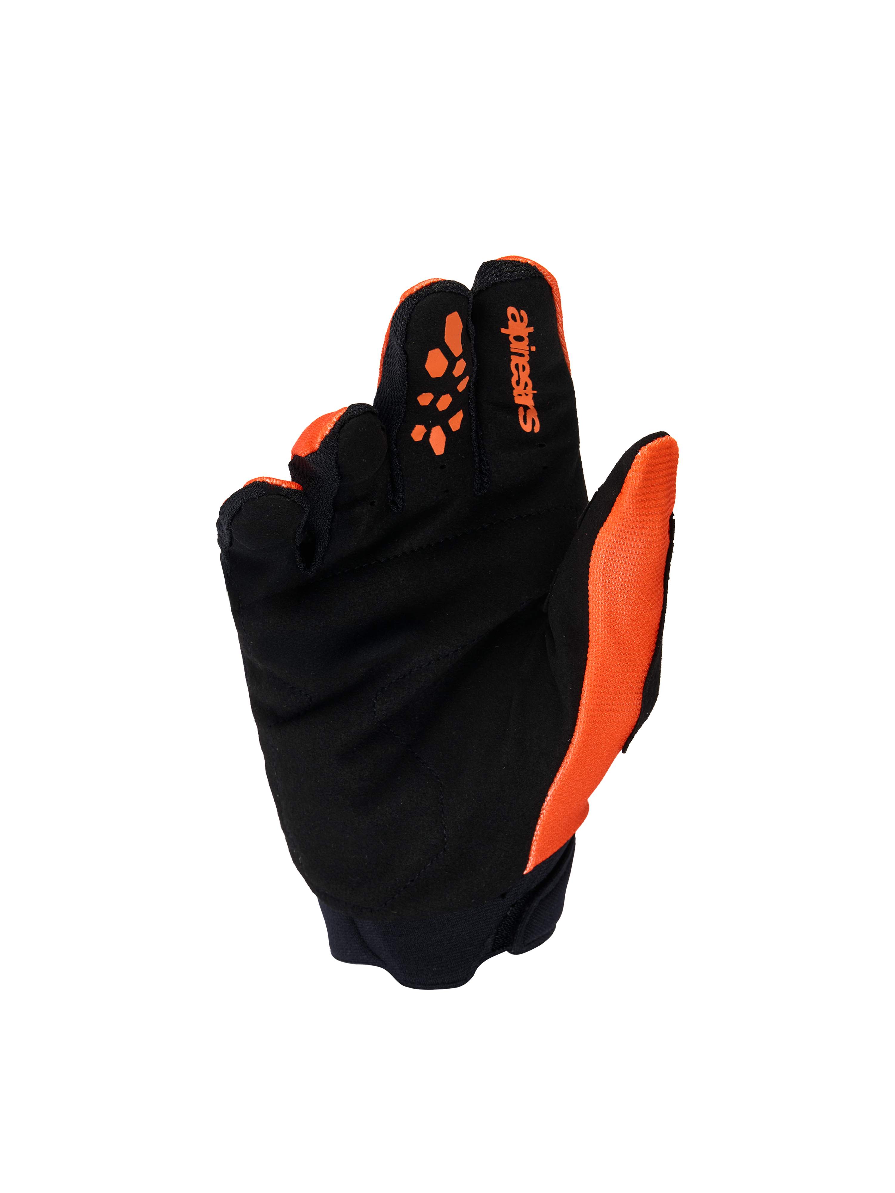 Guantes Alpinestars Youth & Kids Full Bore V2, guantes de motocross, naranja y negro, vista de la palma con ante sintético reforzado, impresiones de silicona en los dedos para el control de las palancas y logotipo de Alpinestars en el dedo índice.