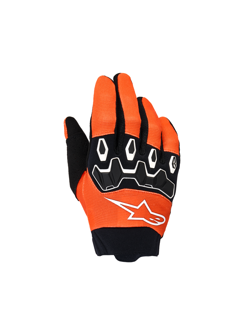 Alpinestars Youth & Kids Full Bore V2, guantes de motocross para niños, naranja, blanco y negro, con protección de nudillos en TPR negro y patrones geométricos blancos, logo de estrella blanco y puño de neopreno negro, equipamiento de off-road para jóvenes