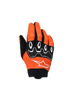 Alpinestars Youth & Kids Full Bore V2, guantes de motocross para niños, naranja, blanco y negro, con protección de nudillos en TPR negro y patrones geométricos blancos, logo de estrella blanco y puño de neopreno negro, equipamiento de off-road para jóvenes