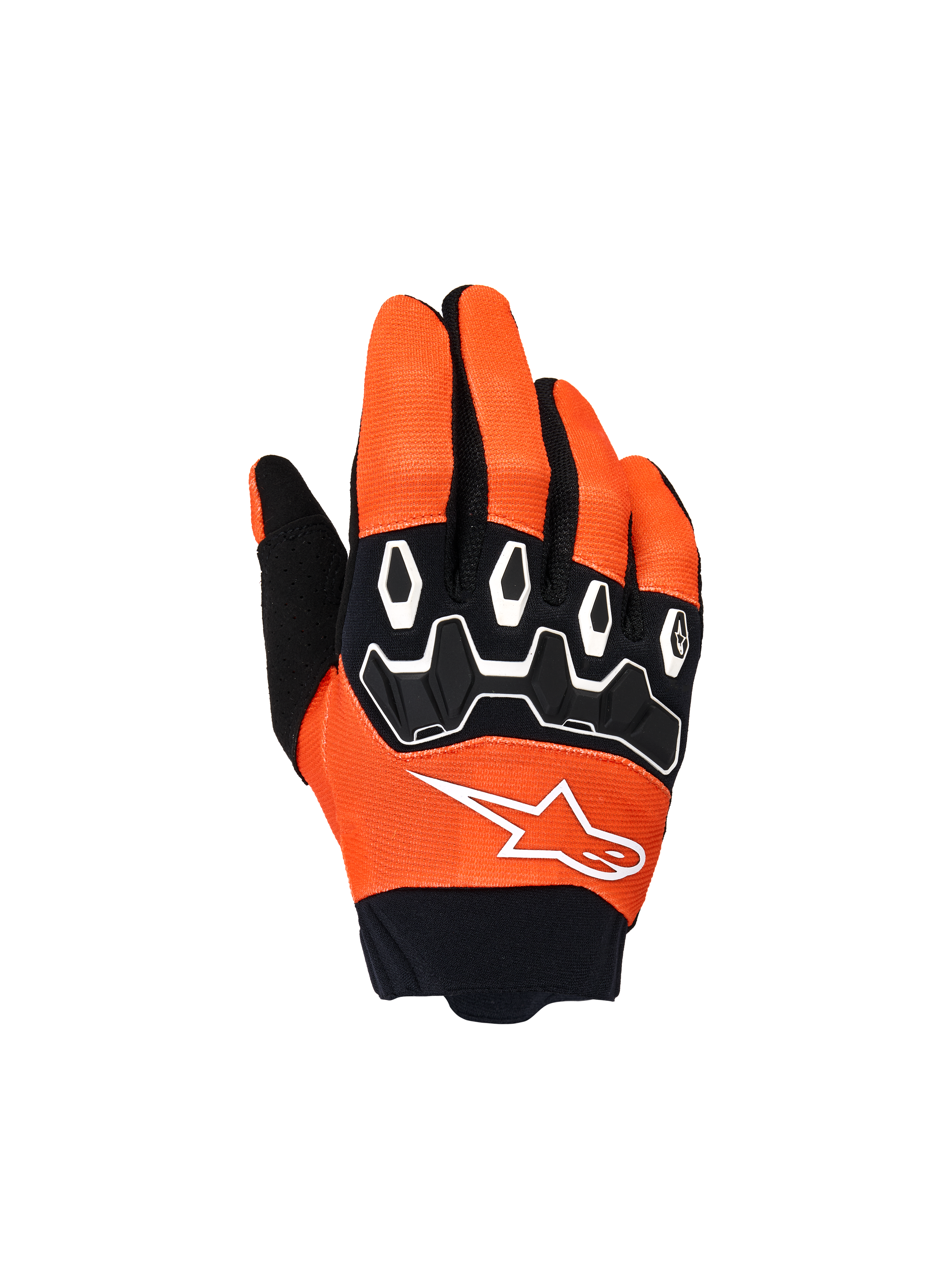 Alpinestars Youth & Kids Full Bore V2 Gloves, Motocross Gloves, Orange White and Black, featuring black TPR knuckle protection with white geometric patterns, white star logo, and black neoprene cuff, youth off-road riding gear