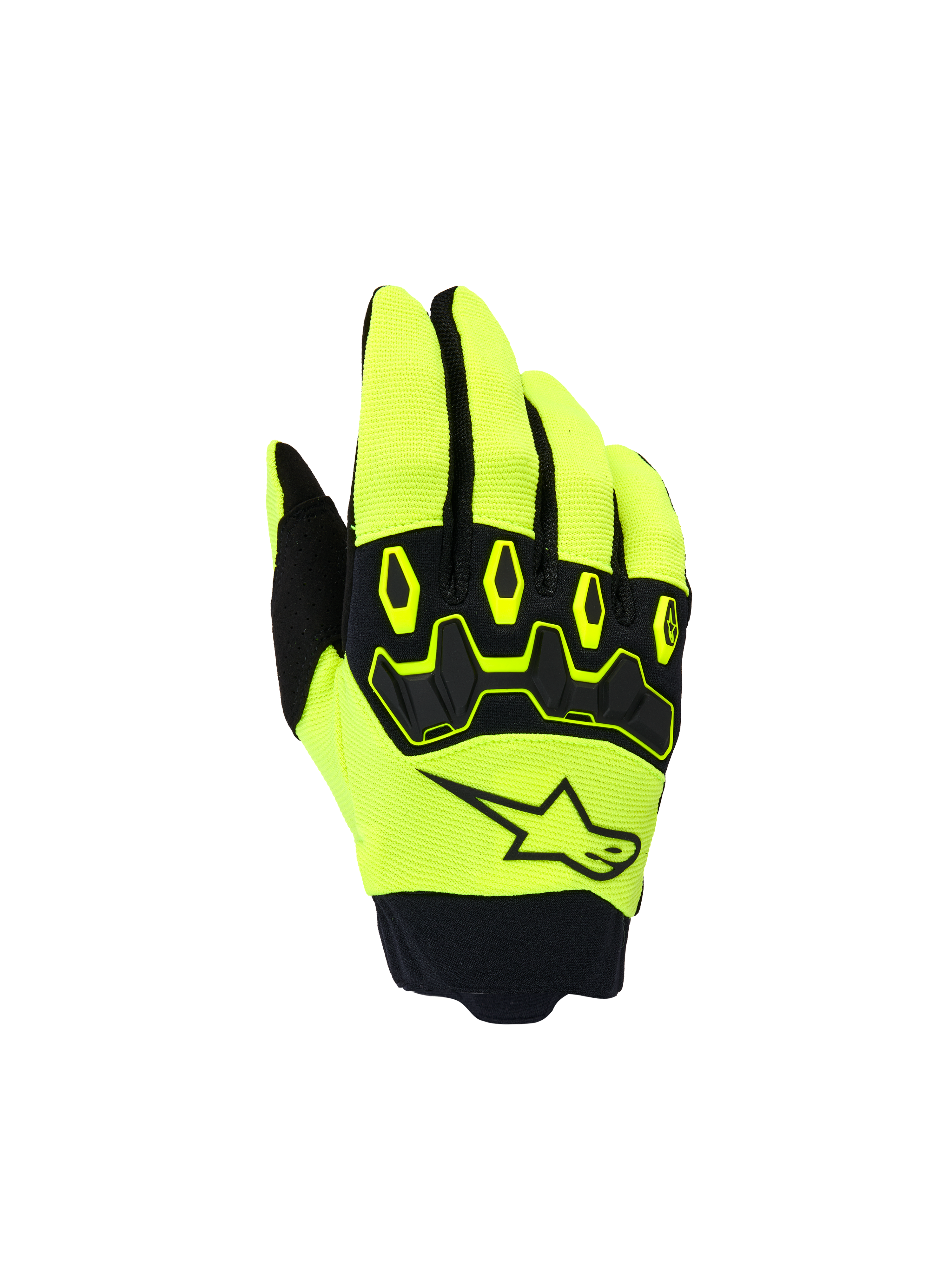 Alpinestars Youth & Kids Full Bore V2 Gloves, Kids Motocross Gloves, Yellow Fluo and Black, featuring the backhand view with a black star logo and ergonomic TPR knuckle protector, sporty design for off-road racing
