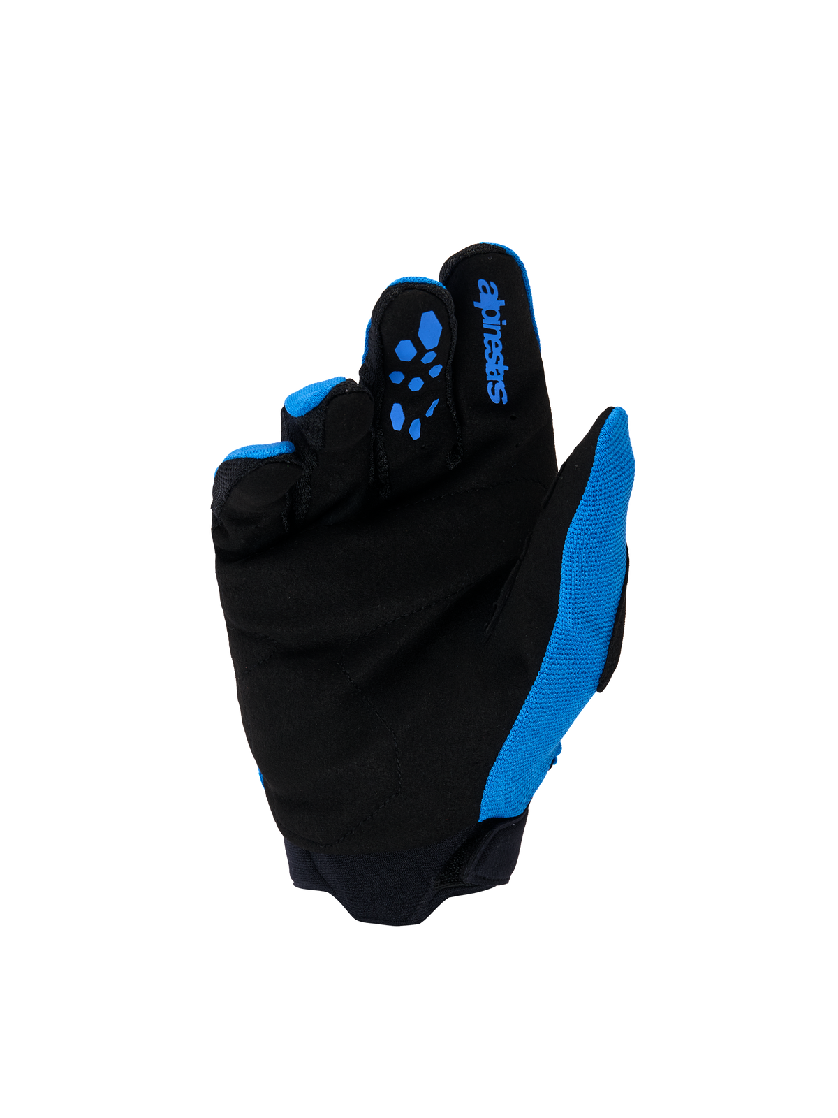Guantes Alpinestars Youth & Kids Full Bore V2, guantes de motocross, azul UCLA y negro, vista de la palma con ante sintético negro reforzado y patrones de agarre de silicona azul en los dedos, logotipo de Alpinestars en azul en el dedo índice, equipamiento off-road de alto rendimiento para jóvenes pilotos