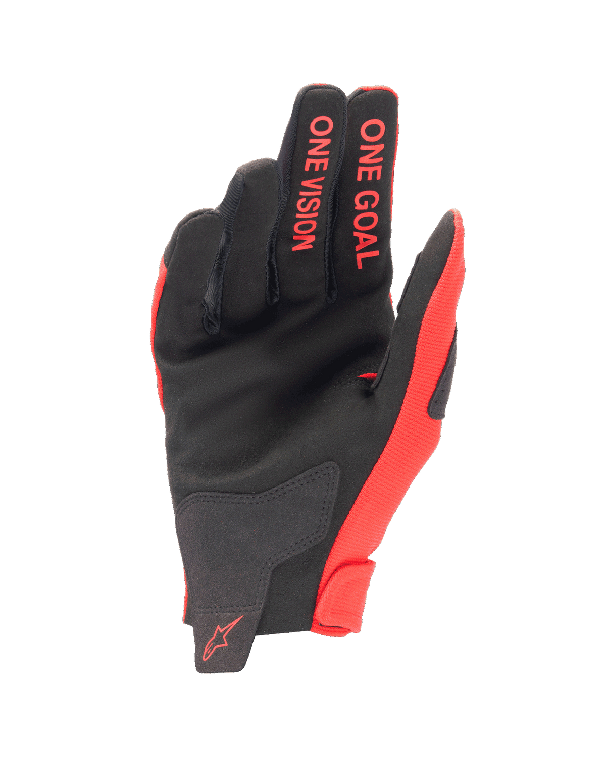 Guantes Alpinestars Radar Juvenil 2024, guantes de motocross, rojo Marte y negro, vista de la palma que muestra la construcción de gamuza sintética, texto 'ONE GOAL ONE VISION' en los dedos, equipamiento ligero de carreras todoterreno