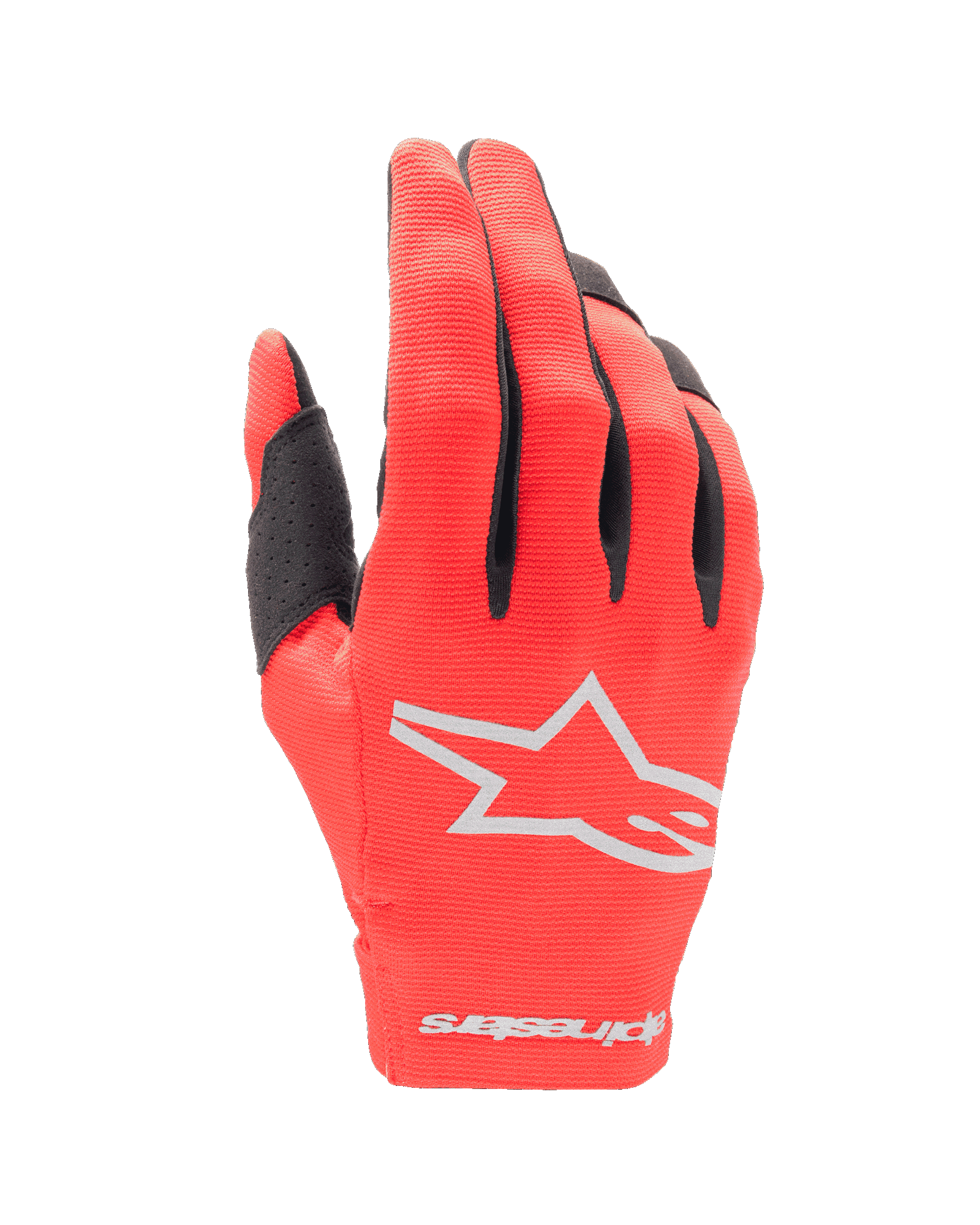 Alpinestars Youth 2024 Radar Gloves, Motocross Gloves, Mars Red and Silver, backhand view featuring a white star logo and wordmark on the cuff, lightweight stretch fabric with black finger accents, durable youth off-road racing gear