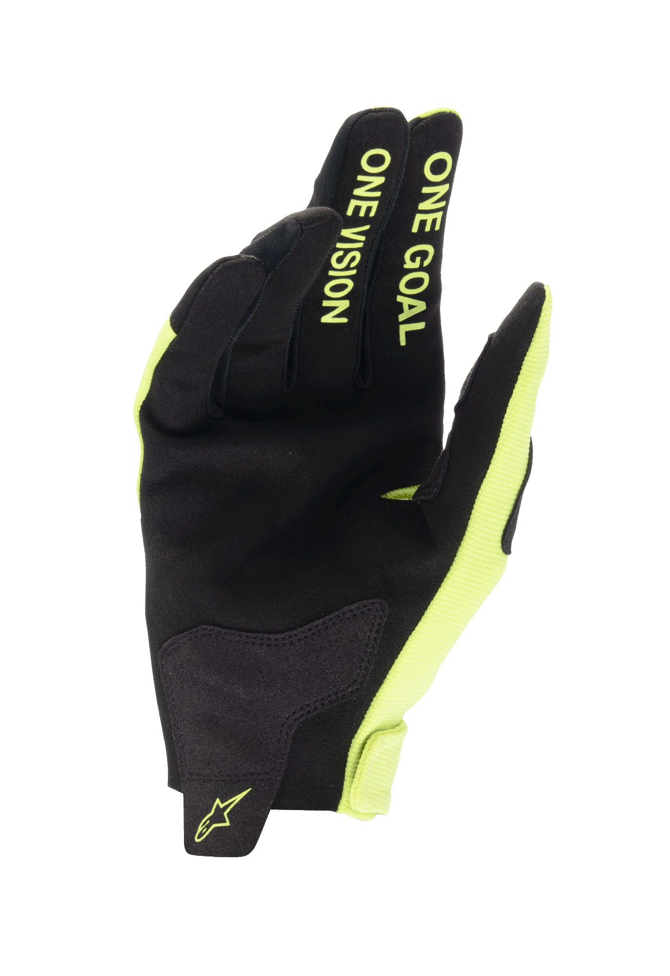 Alpinestars Youth 2024 Radar Gloves, Motocross Gloves, Black and Yellow Fluo, palm view featuring synthetic suede construction, "ONE GOAL ONE VISION" text on fingers in fluorescent yellow, durable design for off-road racing