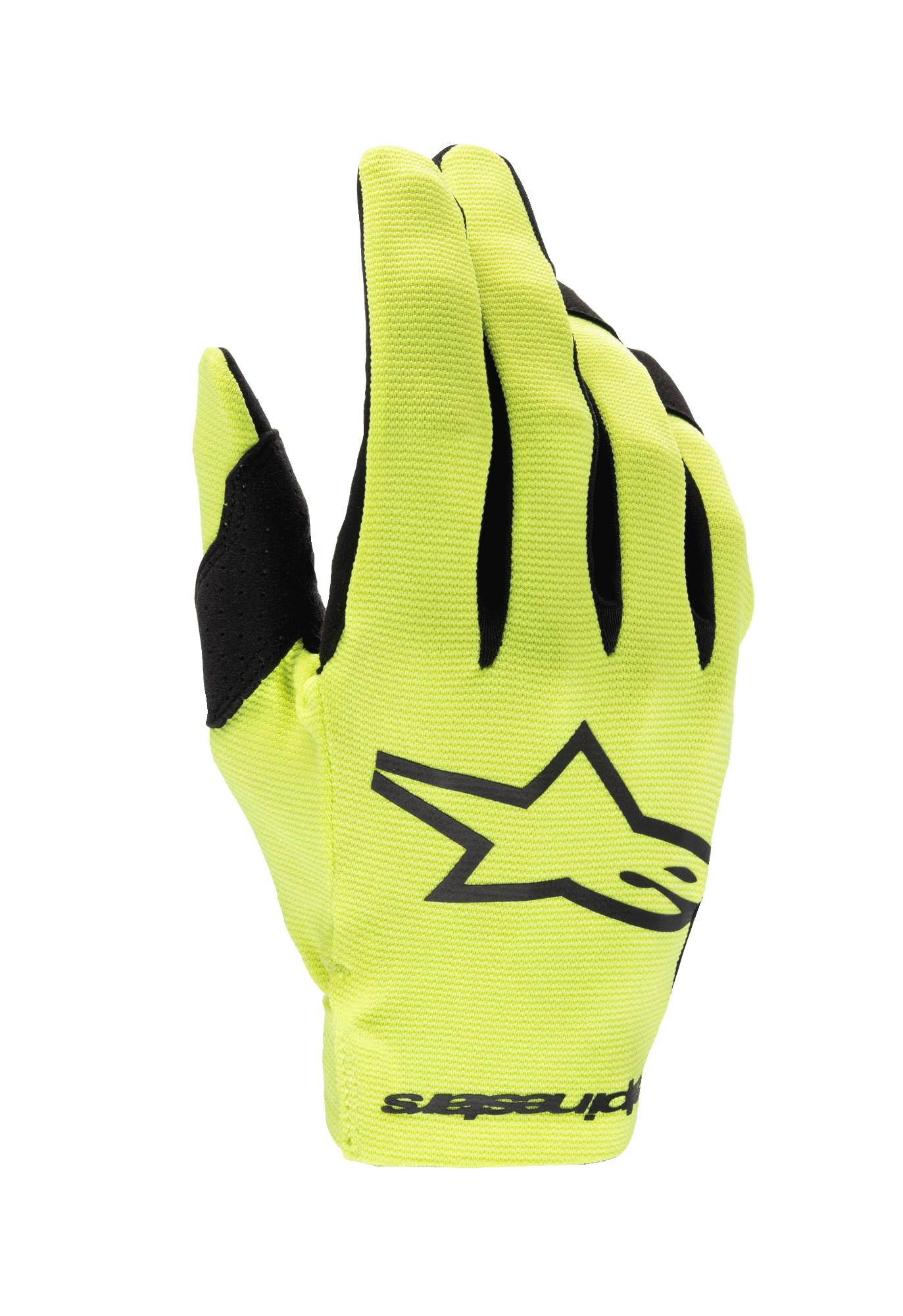 Alpinestars 2024 Youth Radar Gloves, guantes de motocross, amarillo flúor y negro, con un gran logotipo de estrella negra en el dorso, tejido elástico ligero con detalles negros en los dedos, protección de alto rendimiento para competición juvenil