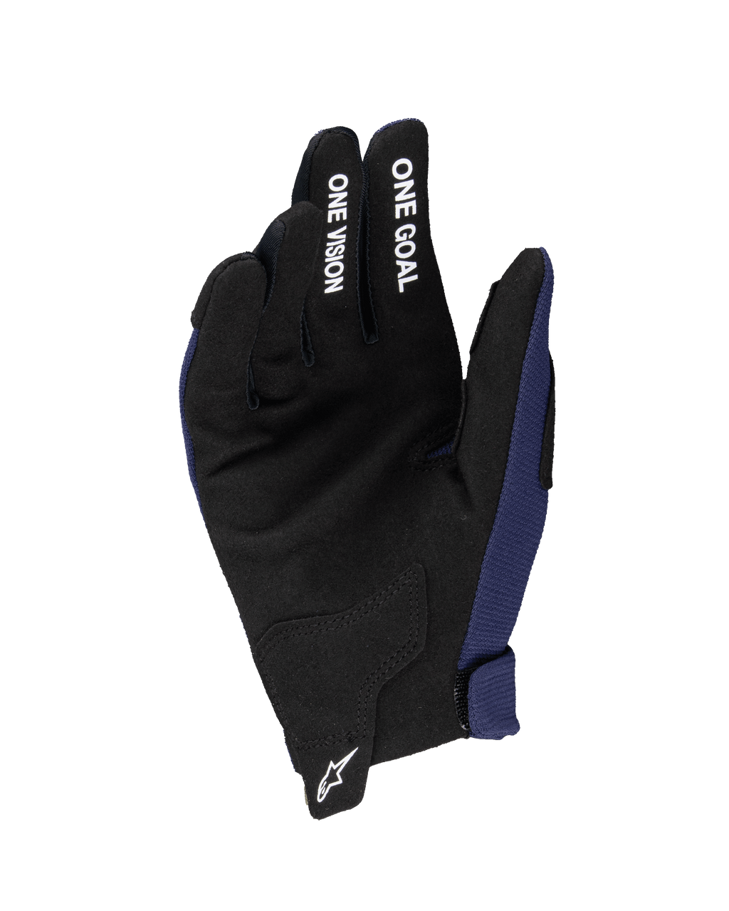 Alpinestars 2025 Youth Radar Gloves, guantes de motocross, azul marino noche y negro, mostrando la palma de gamuza sintética con el texto blanco 'ONE GOAL' y 'ONE VISION' en los dedos, logotipo Astars blanco en la muñeca, construcción de una sola capa para conducción off-road