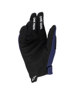 Alpinestars 2025 Youth Radar Gloves, guantes de motocross, azul marino noche y negro, mostrando la palma de gamuza sintética con el texto blanco 'ONE GOAL' y 'ONE VISION' en los dedos, logotipo Astars blanco en la muñeca, construcción de una sola capa para conducción off-road