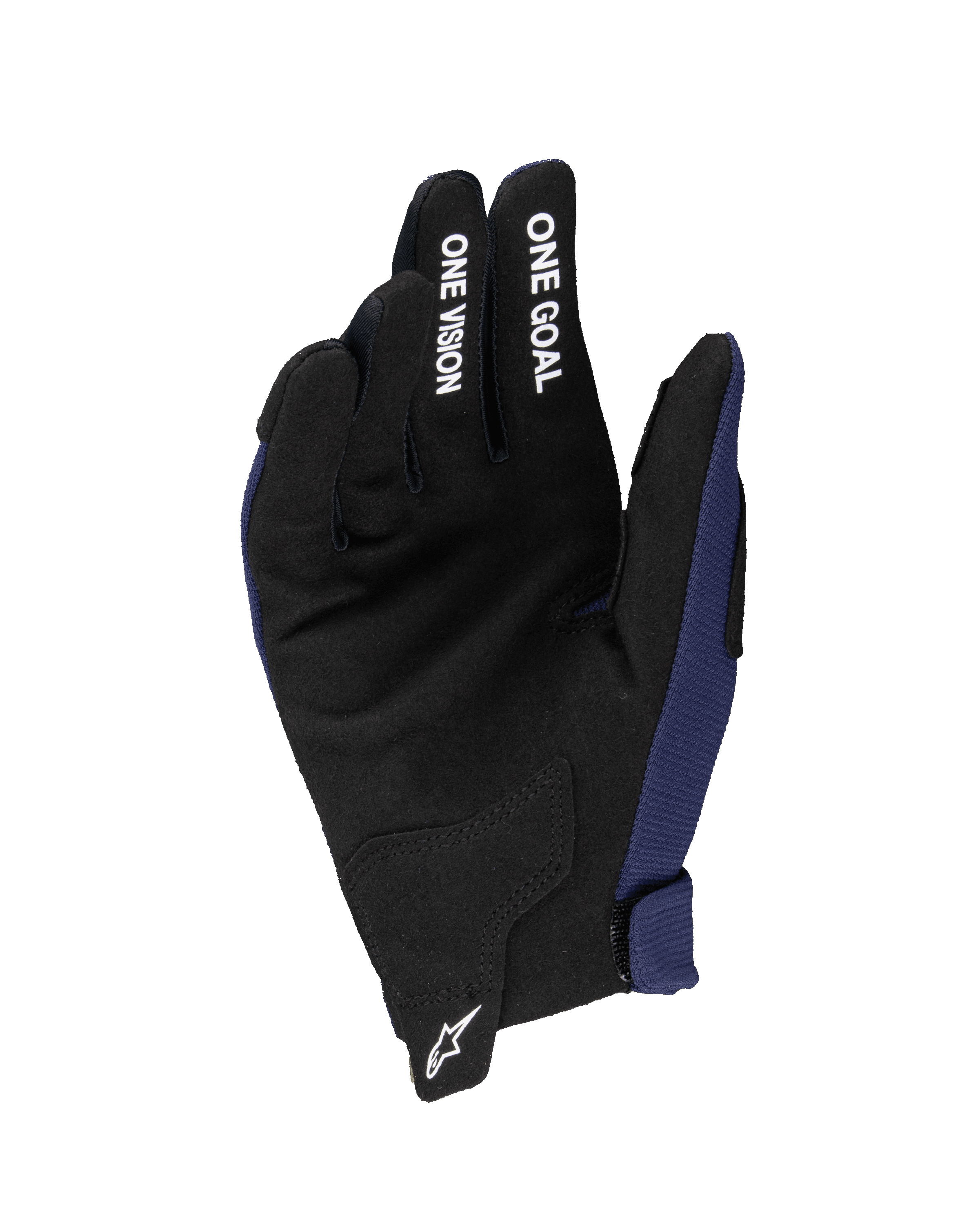 Alpinestars 2025 Youth Radar Gloves, guantes de motocross, azul marino noche y negro, mostrando la palma de gamuza sintética con el texto blanco 'ONE GOAL' y 'ONE VISION' en los dedos, logotipo Astars blanco en la muñeca, construcción de una sola capa para conducción off-road