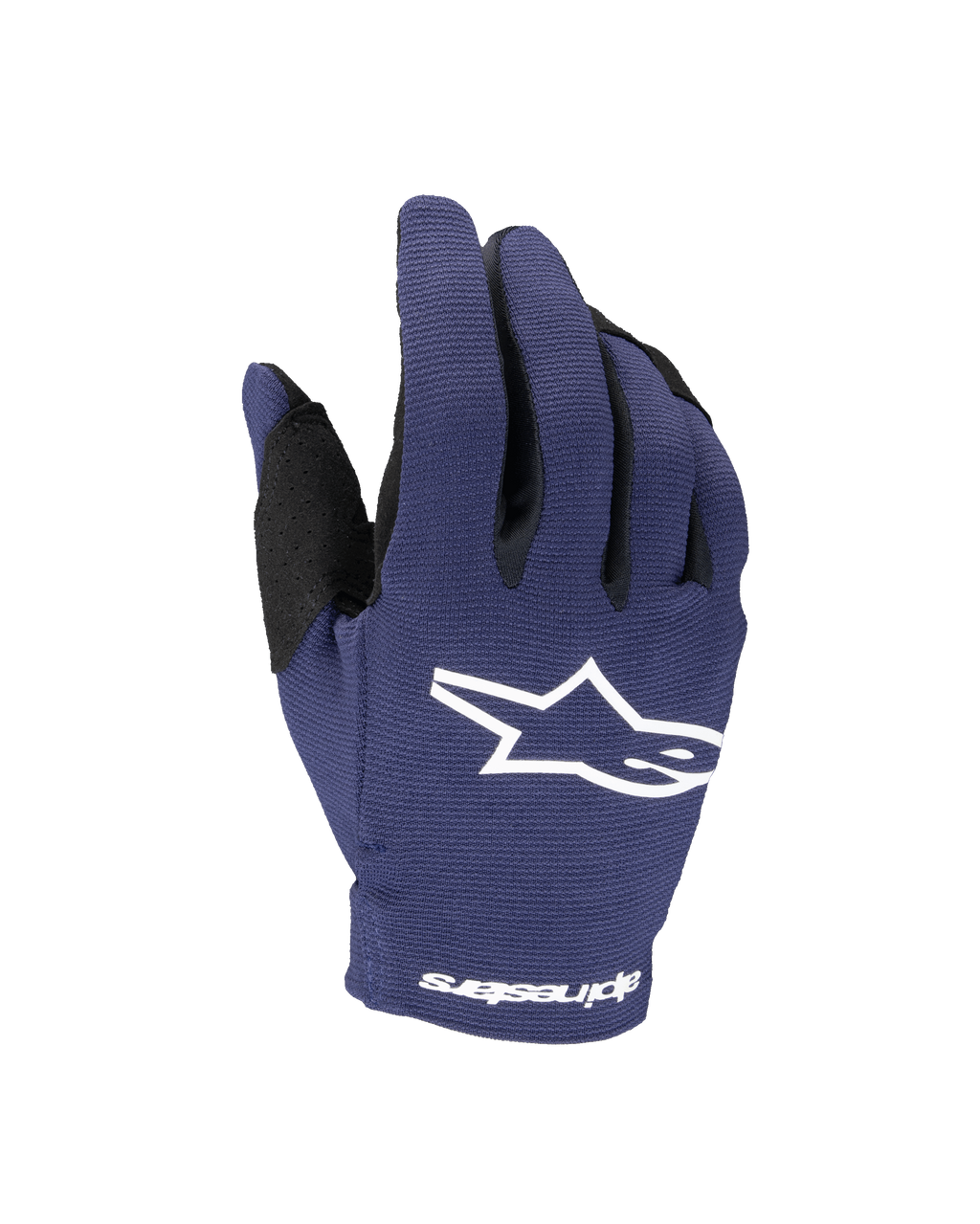 Guantes Alpinestars Youth Radar 2025, guantes de motocross, azul marino y blanco, con un logotipo de estrella blanca en el dorso y el texto Alpinestars en la muñeca, construcción elástica de una sola capa para carreras todoterreno