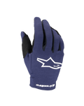 Guantes Alpinestars Youth Radar 2025, guantes de motocross, azul marino y blanco, con un logotipo de estrella blanca en el dorso y el texto Alpinestars en la muñeca, construcción elástica de una sola capa para carreras todoterreno