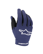 Guantes Alpinestars Youth Radar 2025, guantes de motocross, azul marino y blanco, con un logotipo de estrella blanca en el dorso y el texto Alpinestars en la muñeca, construcción elástica de una sola capa para carreras todoterreno