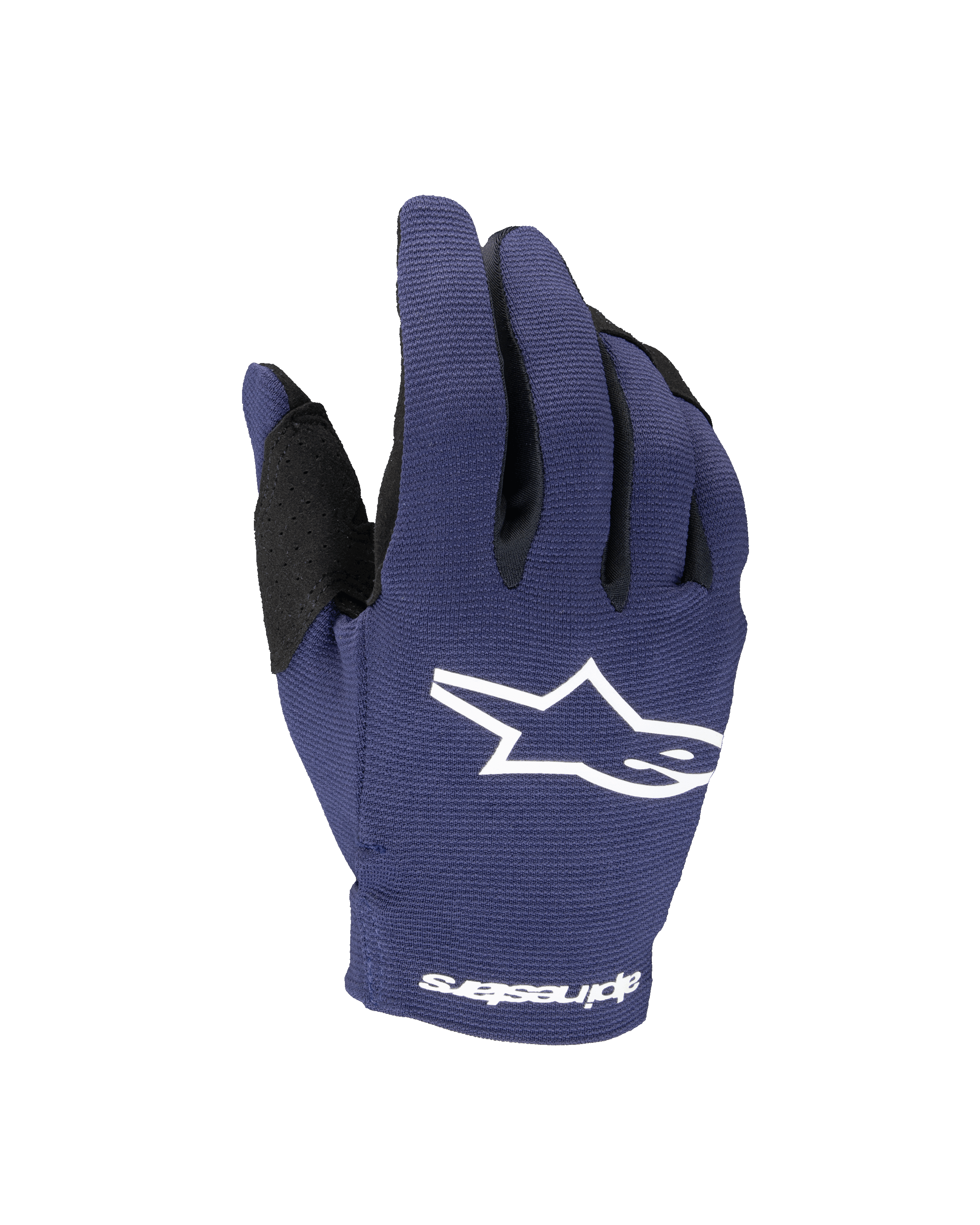 Guantes Alpinestars Youth Radar 2025, guantes de motocross, azul marino y blanco, con un logotipo de estrella blanca en el dorso y el texto Alpinestars en la muñeca, construcción elástica de una sola capa para carreras todoterreno
