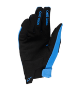 Alpinestars 2025 Youth Radar Gloves, guantes de motocross, azul y negro, vista de la palma con construcción de gamuza sintética, texto "ONE GOAL" y "ONE VISION" en azul en los dedos, pequeño logo azul de Alpinestars en el cierre de la muñeca