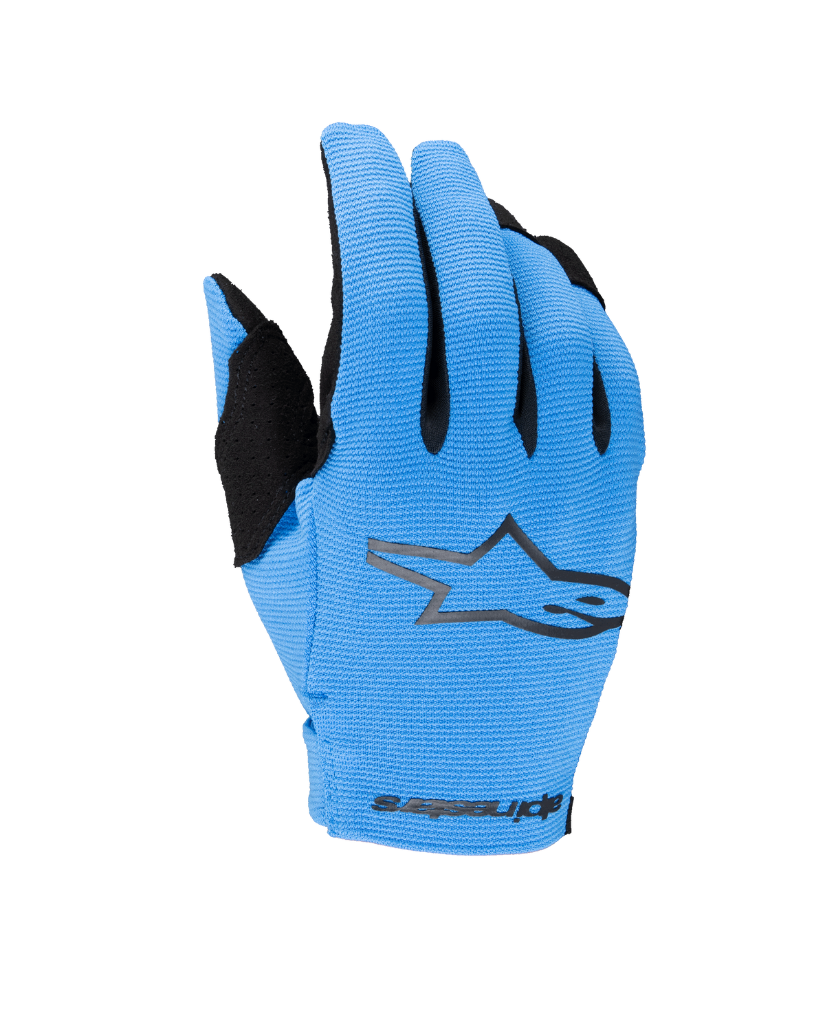 Guantes Radar Juveniles Alpinestars 2025, guantes de motocross y off-road, azul y negro, con el dorso azul claro texturizado, logotipo de estrella negro y marca Alpinestars en la muñeca, guantes de moto juveniles