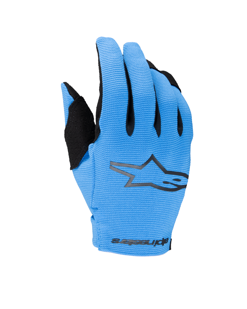 Guantes Radar Juveniles Alpinestars 2025, guantes de motocross y off-road, azul y negro, con el dorso azul claro texturizado, logotipo de estrella negro y marca Alpinestars en la muñeca, guantes de moto juveniles