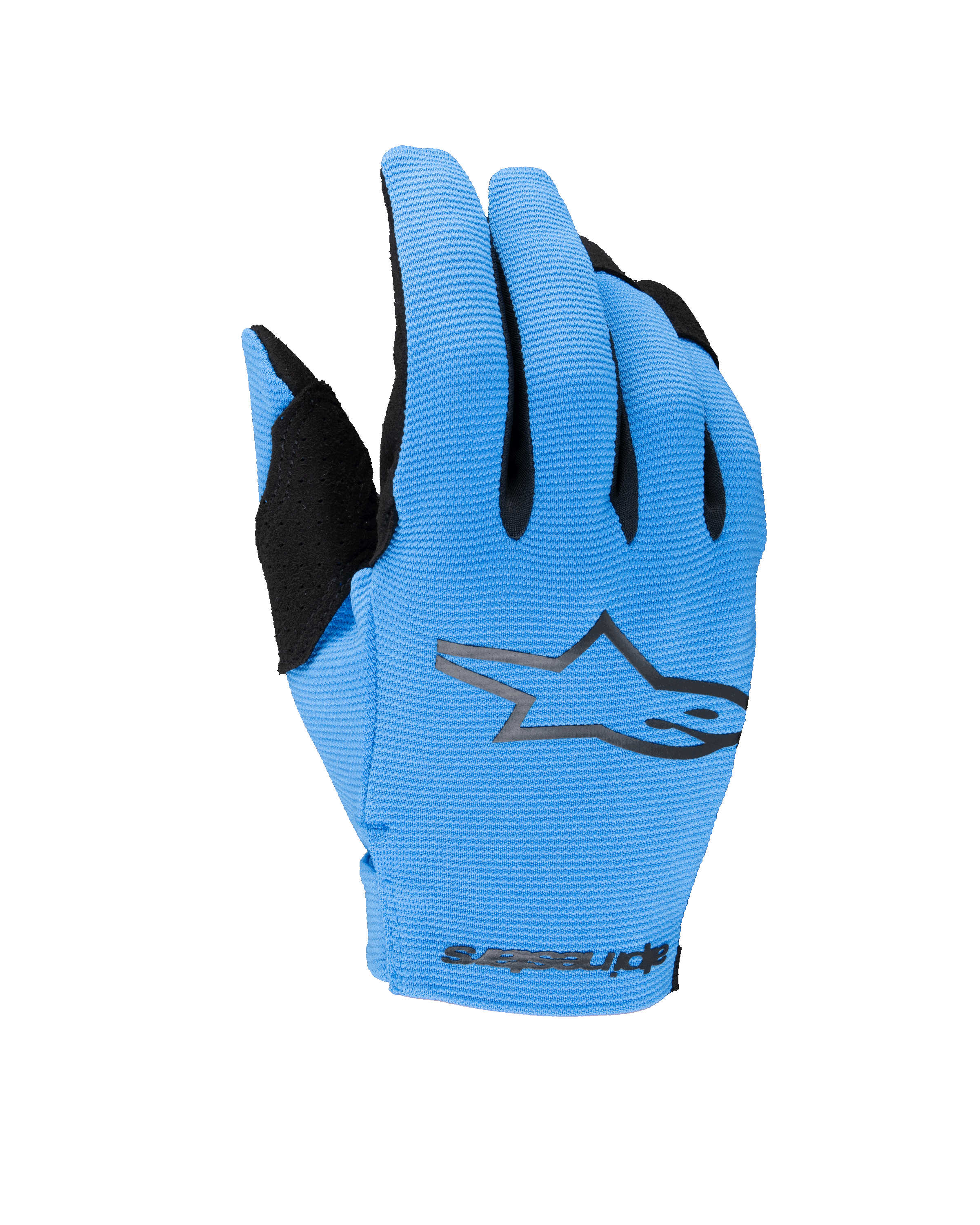 Guantes Radar Juveniles Alpinestars 2025, guantes de motocross y off-road, azul y negro, con el dorso azul claro texturizado, logotipo de estrella negro y marca Alpinestars en la muñeca, guantes de moto juveniles