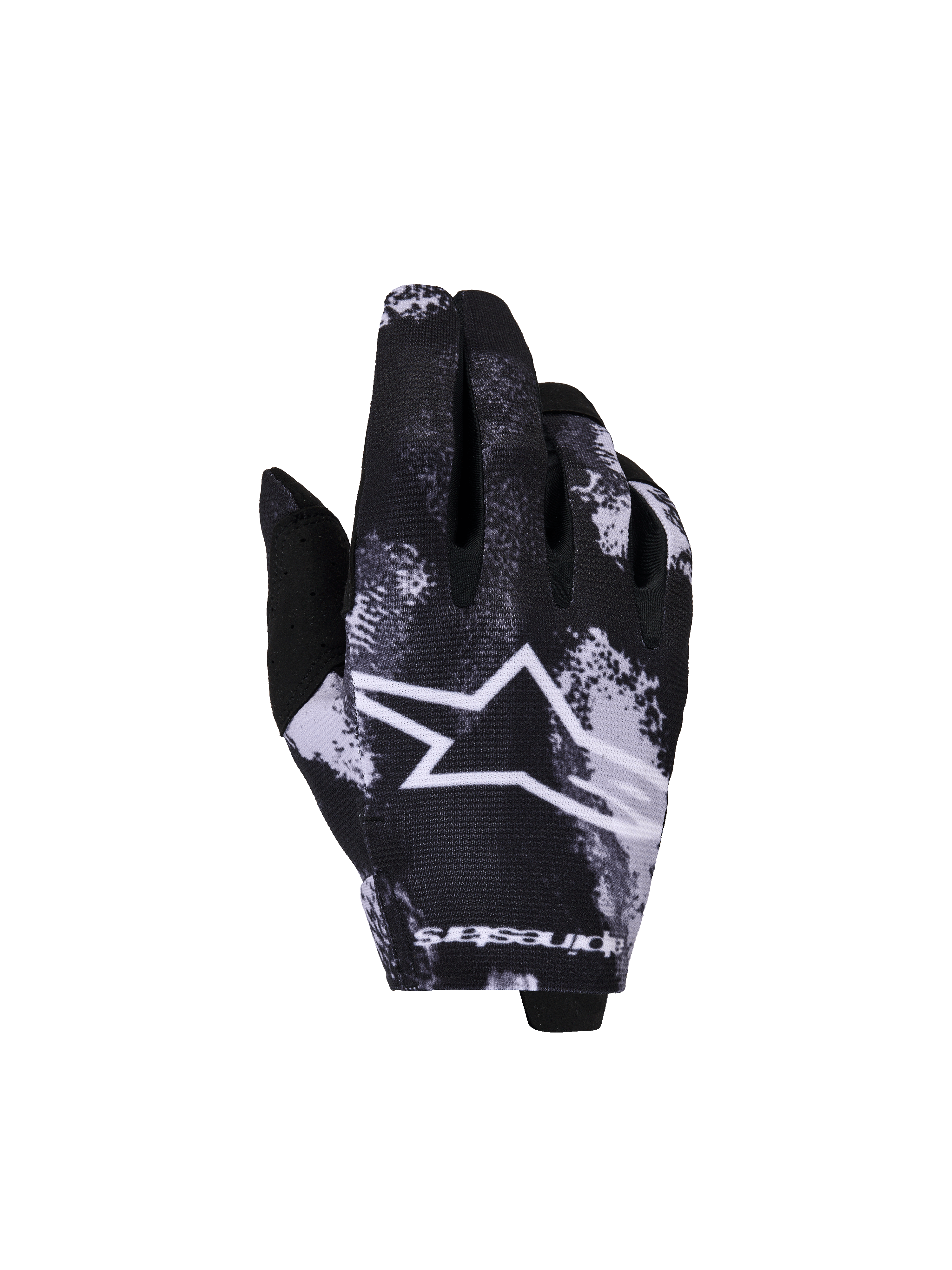 Alpinestars 2026 Youth Radar Gloves, guantes de motocross y off-road para jóvenes, negros y blancos, logo de estrella con patrón de salpicaduras, construcción de tejido texturizado, tallaje juvenil