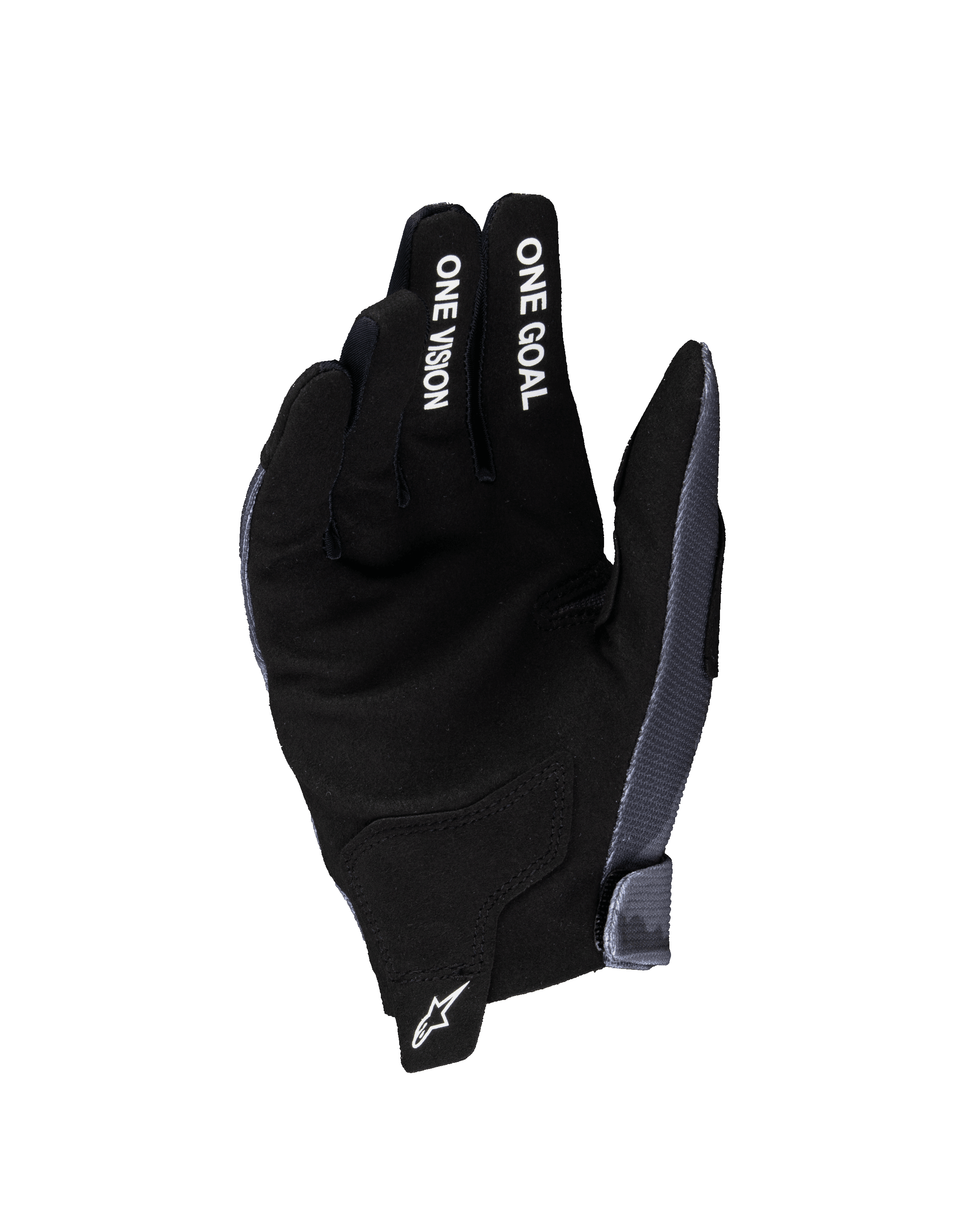 Guantes Alpinestars Radar Juveniles 2025, guantes de motocross, gris y negro, vista de la palma con material de gamuza sintética, texto blanco 'ONE GOAL' y 'ONE VISION' en los dedos, logotipo de estrella blanca en la lengüeta de la muñeca, especializados para carreras todoterreno juveniles