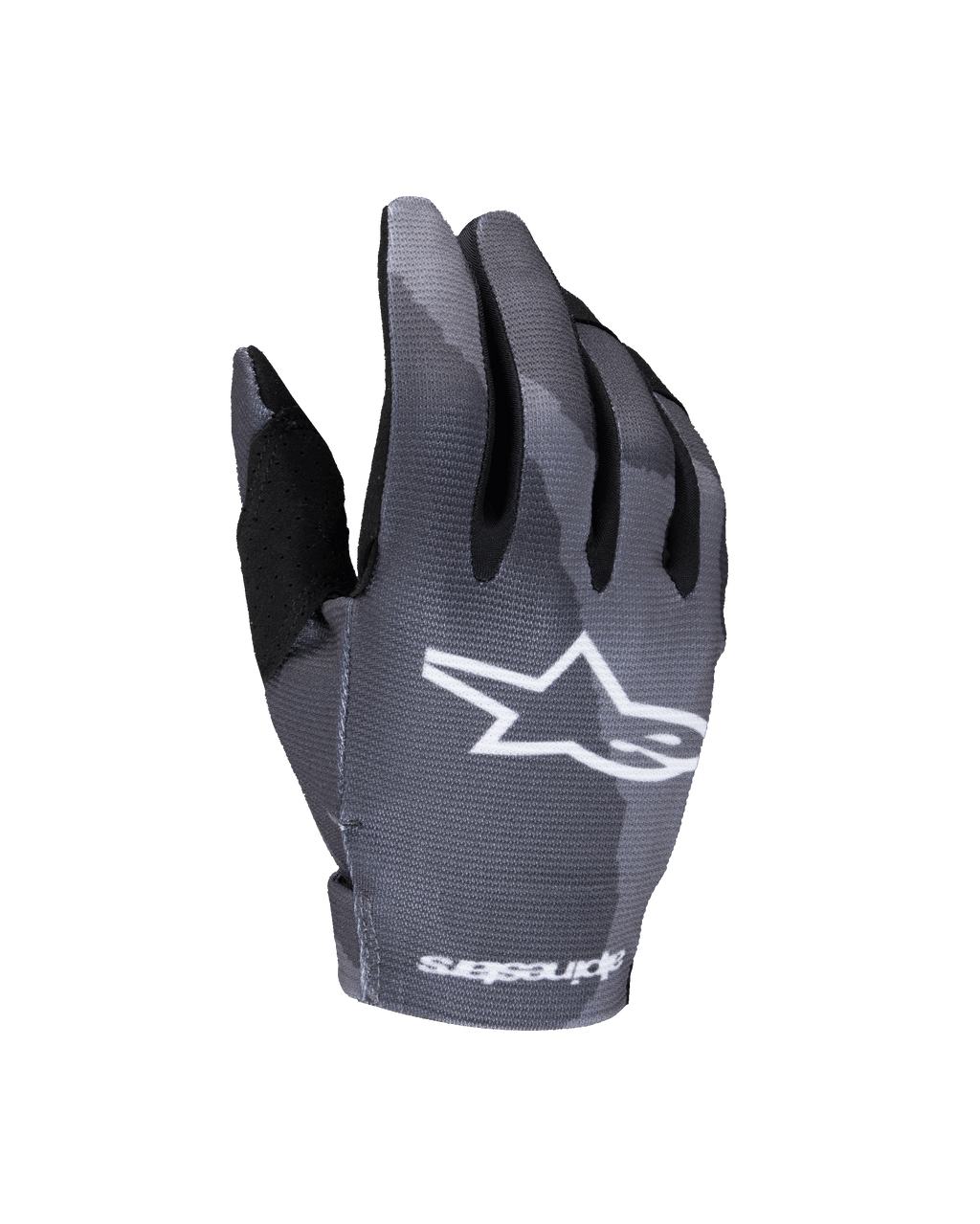 Guantes Alpinestars Youth Radar 2025, guantes de motocross, Gris Dark Camo, con un logotipo de estrella blanca en el dorso, patrón de camuflaje sublimado, refuerzo negro en el pulgar y construcción ligera para carreras off-road de jóvenes