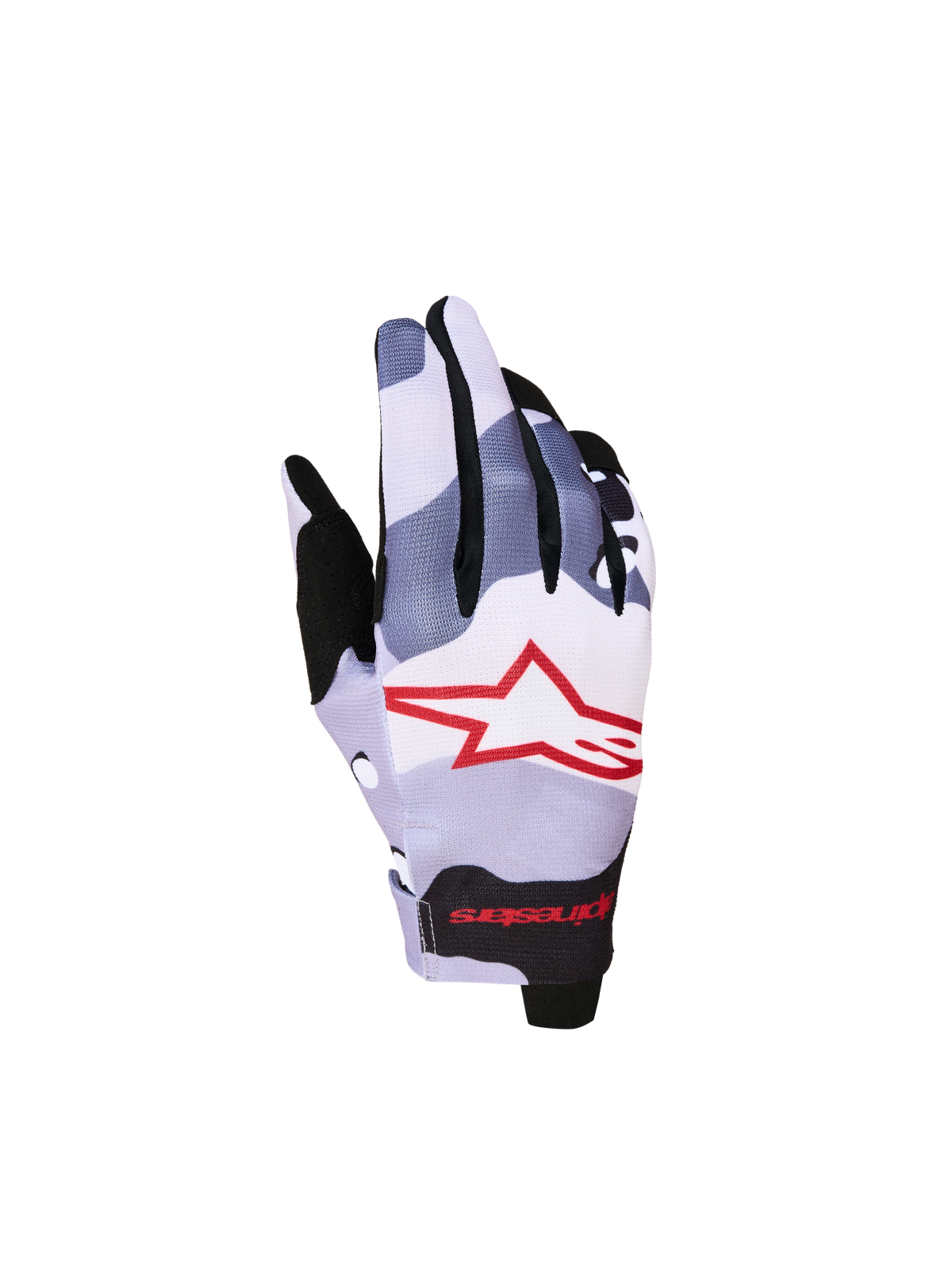 Alpinestars Radar Juvenil, guantes de motocross con camuflaje gris y rojo, dorso elástico y logotipo de estrella