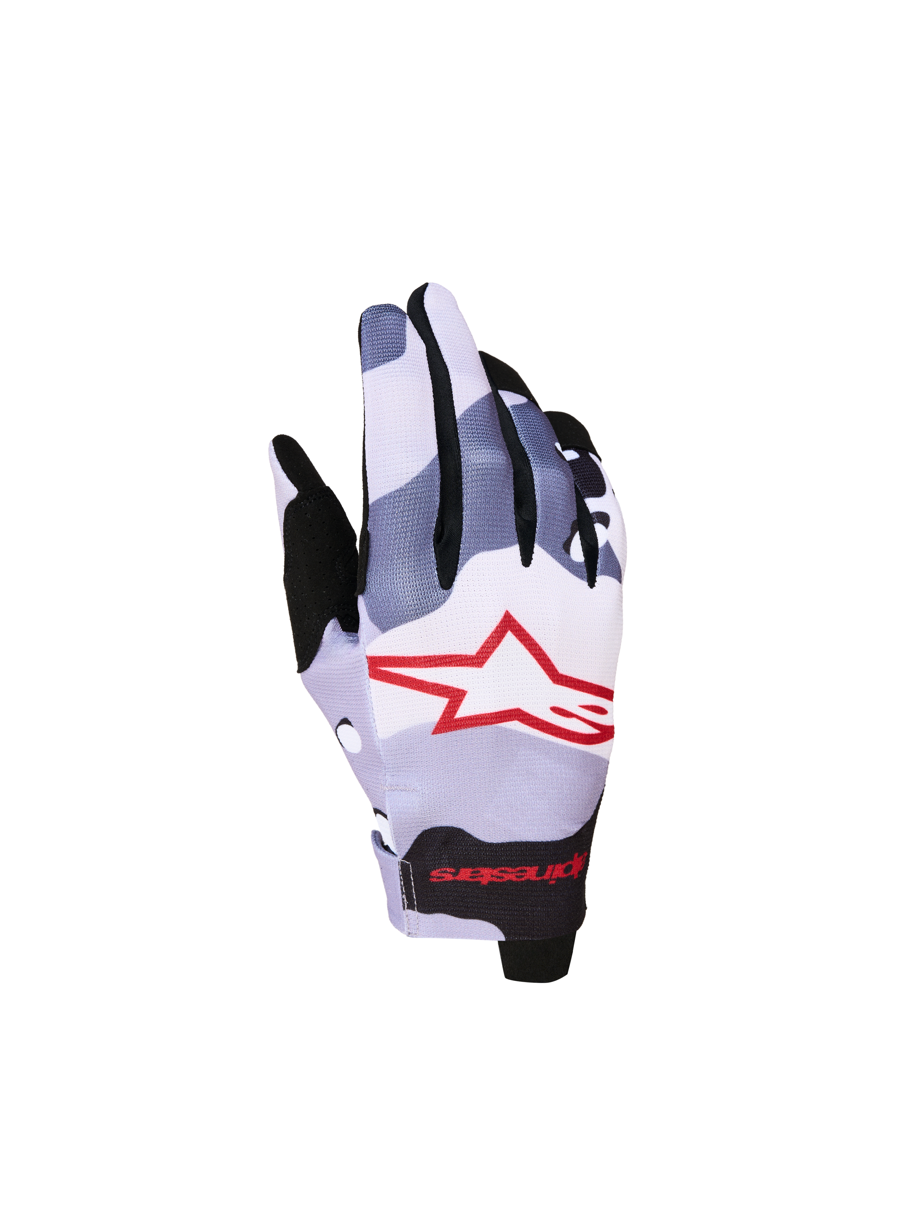 Alpinestars Radar Juvenil, guantes de motocross con camuflaje gris y rojo, dorso elástico y logotipo de estrella