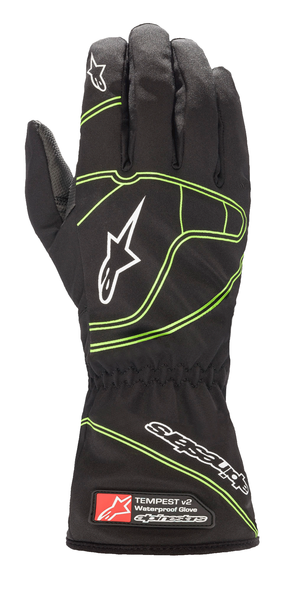 Guantes impermeables Alpinestars Youth Tempest V2, negros con detalles en verde fluorescente, con puño largo tipo guantelete y muñeca elástica, logotipos de estrella blancos en los dedos y el dorso de la mano, construcción textil impermeable para karting juvenil