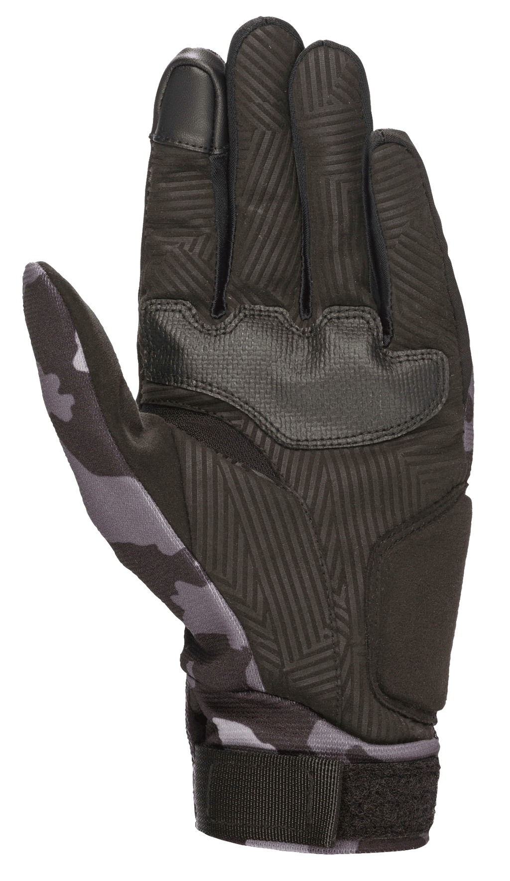 Guantes Alpinestars Youth Reef, Negro Gris Camuflaje, vista de la palma que muestra ante sintético con agarre texturizado, patrón de camuflaje en el pulgar y la muñeca, dedo índice compatible con pantallas táctiles, guantes de moto para conducción urbana