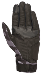 Guantes Alpinestars Youth Reef, Negro Gris Camuflaje, vista de la palma que muestra ante sintético con agarre texturizado, patrón de camuflaje en el pulgar y la muñeca, dedo índice compatible con pantallas táctiles, guantes de moto para conducción urbana