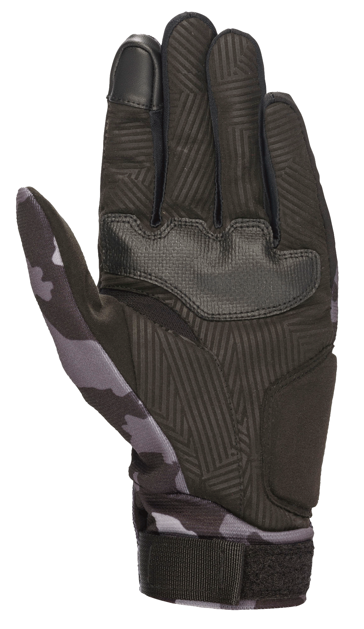 Guantes Alpinestars Youth Reef, Negro Gris Camuflaje, vista de la palma que muestra ante sintético con agarre texturizado, patrón de camuflaje en el pulgar y la muñeca, dedo índice compatible con pantallas táctiles, guantes de moto para conducción urbana
